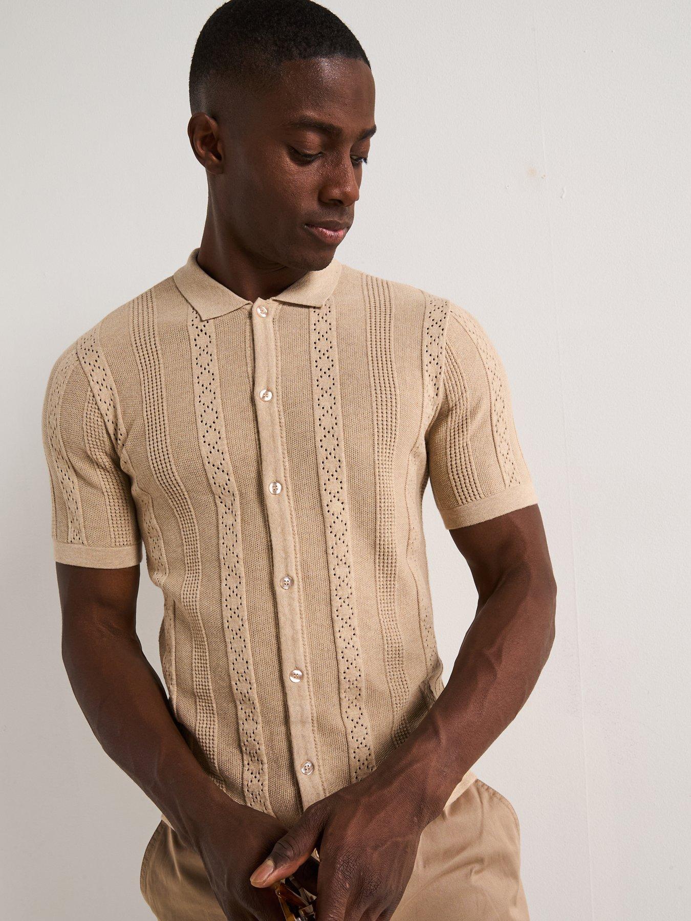 undefined Knitted Button Through Polo Shirt - Stone