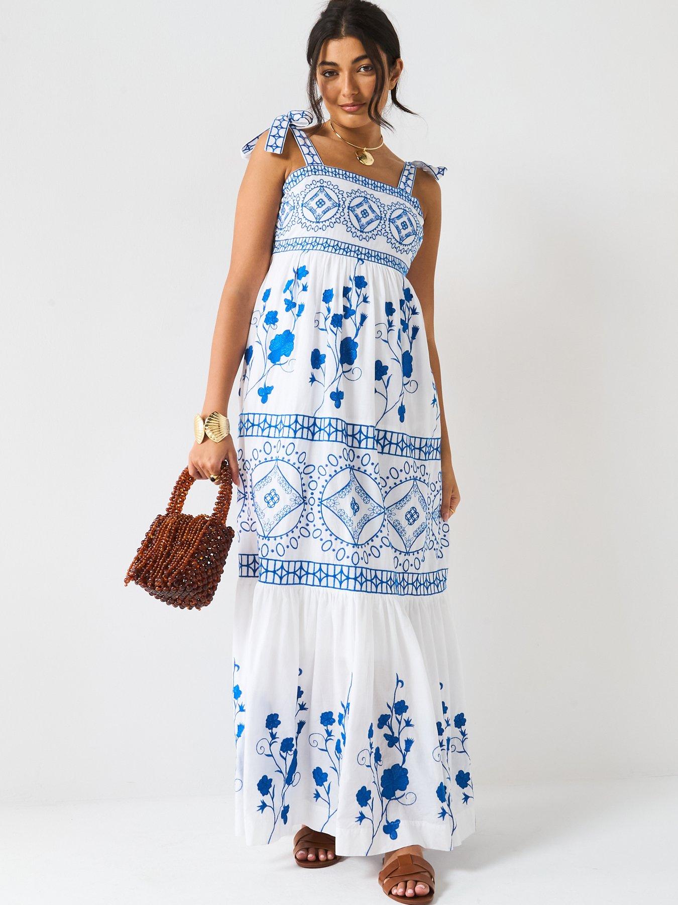 V by Very Contrast Embroidered Midaxi Dress - Blue