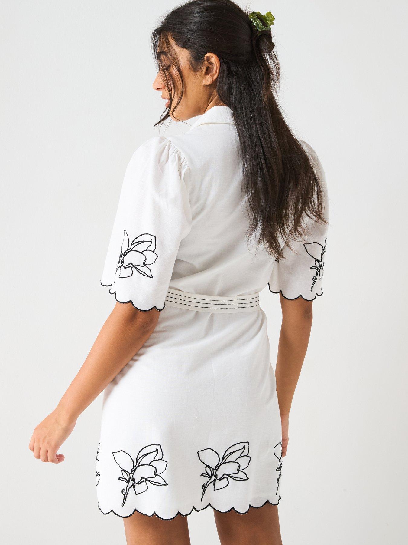 Image 2 of 6 of V by Very Embroidered Tie Waist Mini Dress - White