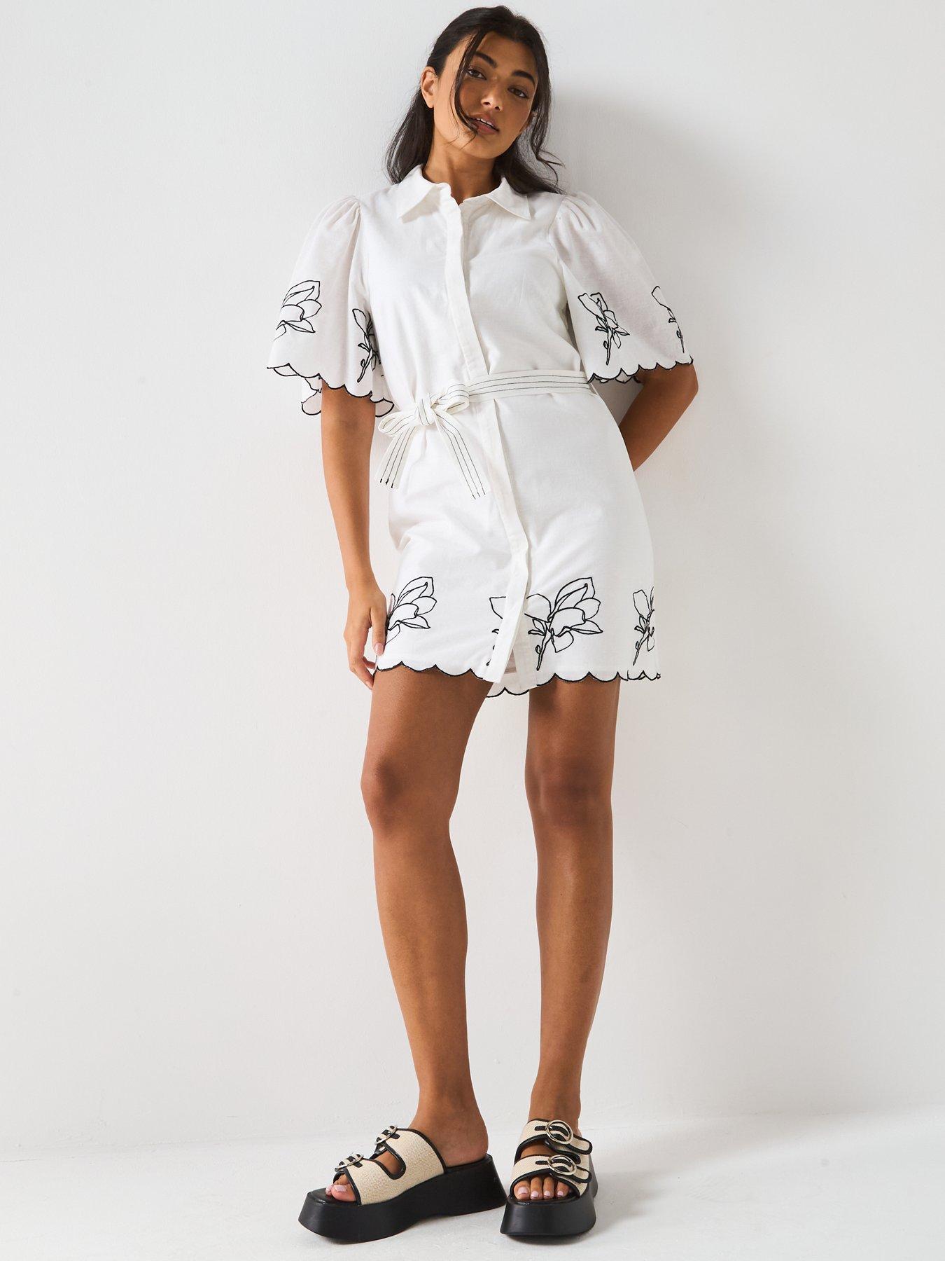 Image 3 of 6 of V by Very Embroidered Tie Waist Mini Dress - White