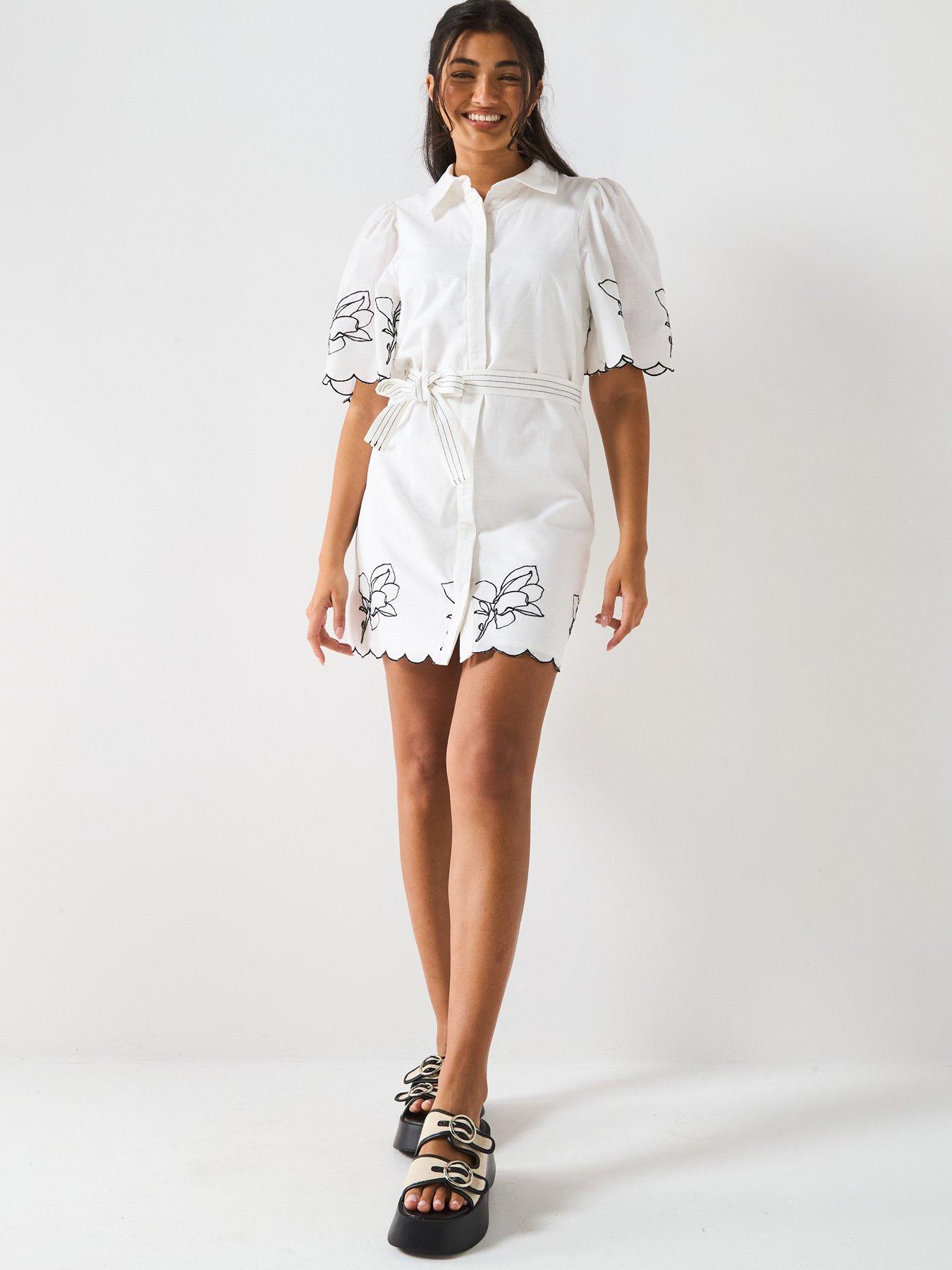 Image 6 of 6 of V by Very Embroidered Tie Waist Mini Dress - White