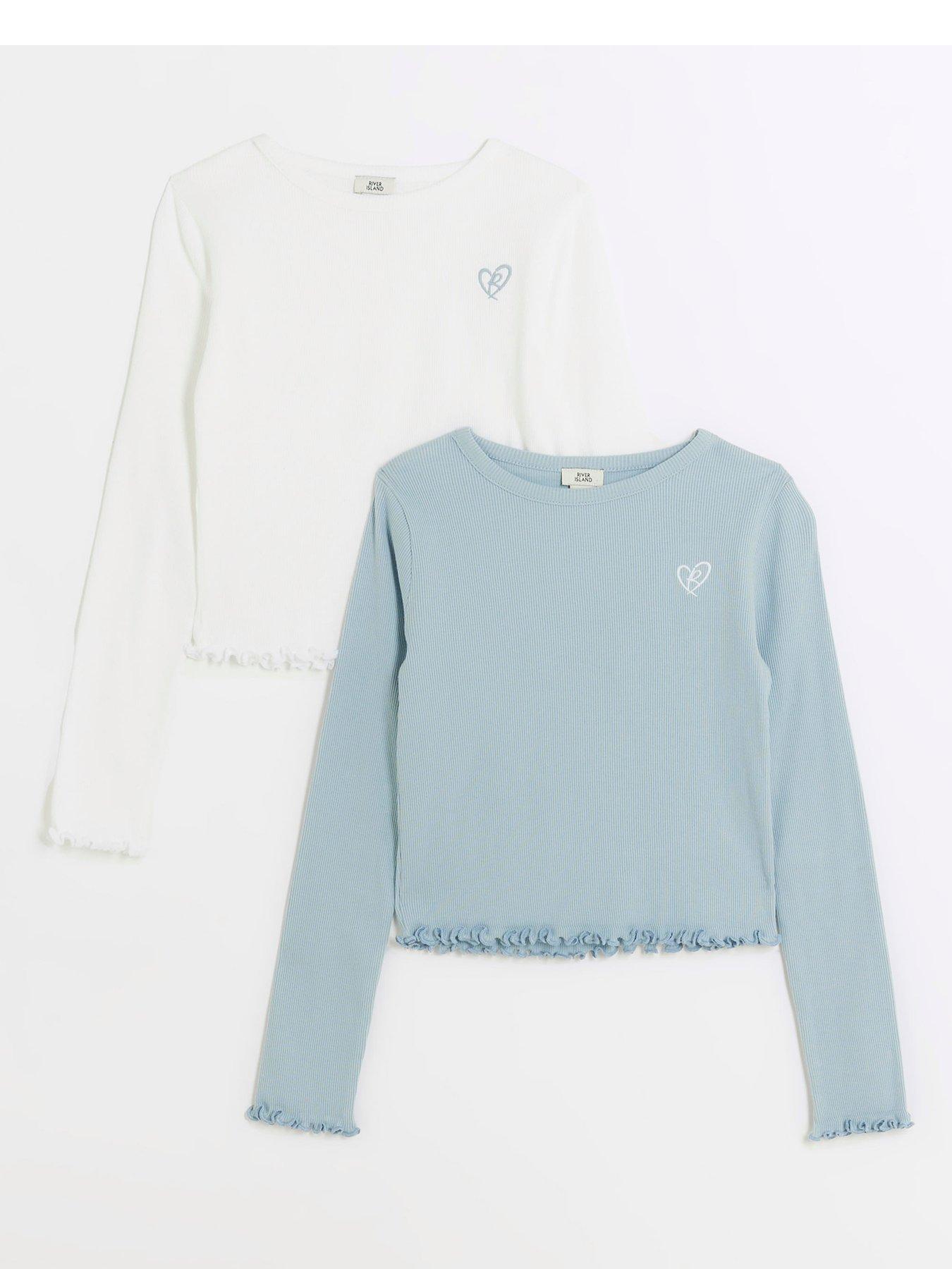 river-island-older-girl-lettuce-hem-long-sleeve-top-2-pack-blue