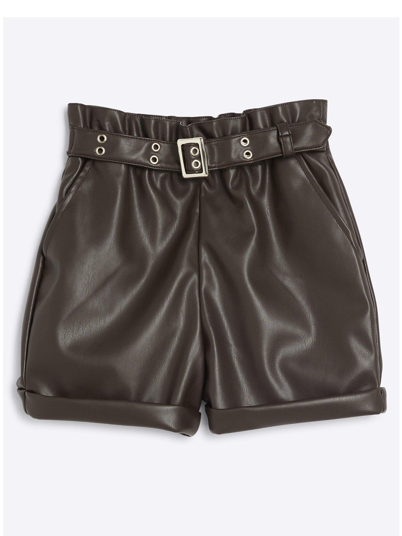 river-island-older-girl-faux-leather-belted-shorts-brown