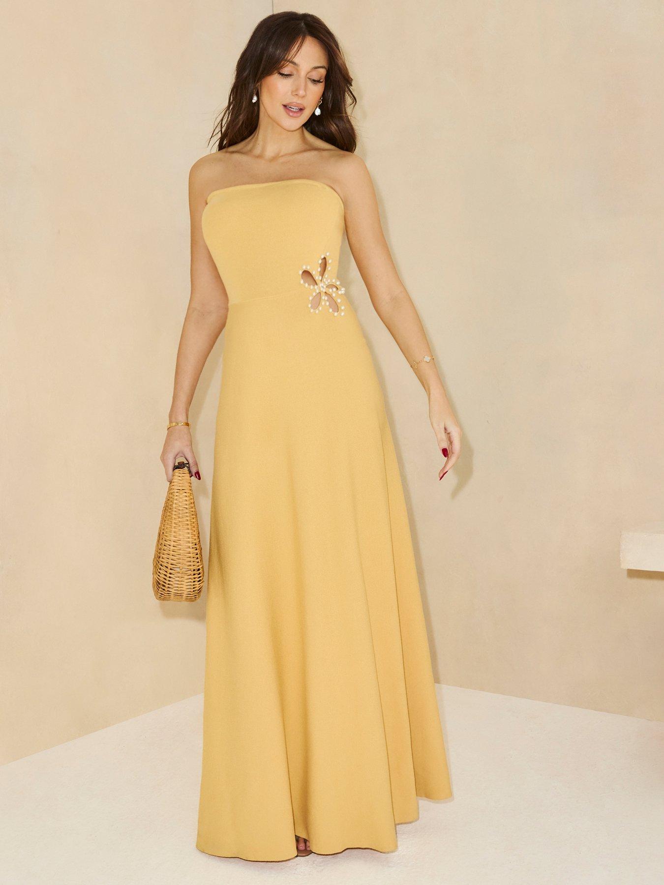 undefined Knitted Bandeau Embellished Side Dress - Yellow