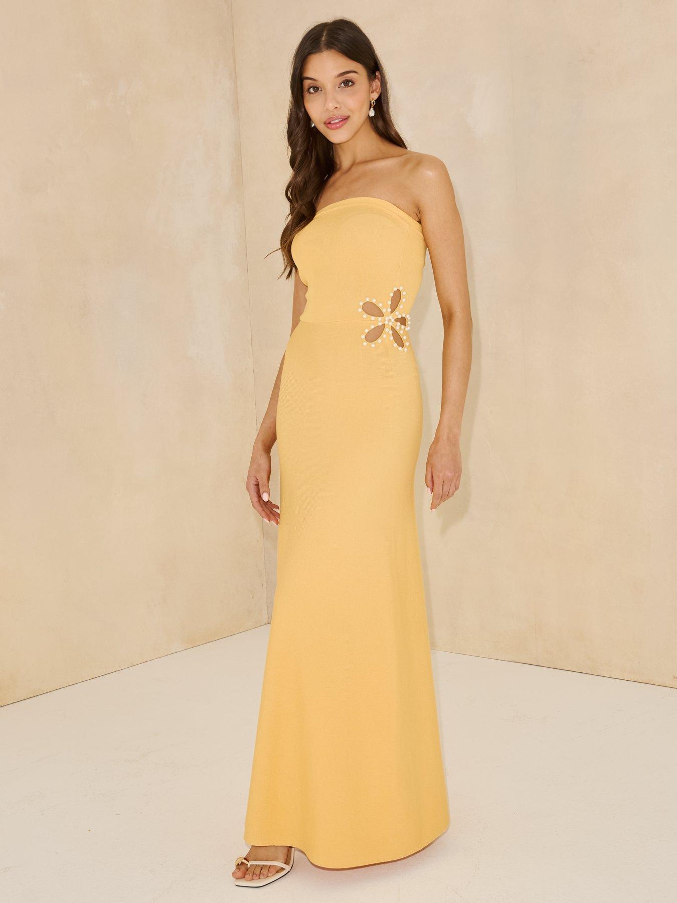 Image 3 of 5 of Michelle Keegan Knitted Bandeau Embellished Side Dress - Yellow