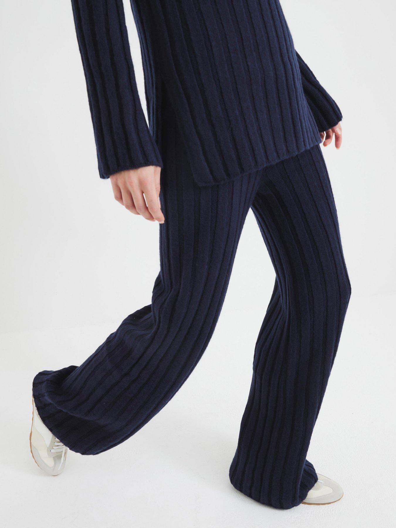 river-island-ribbed-flare-trouser-navy-blue