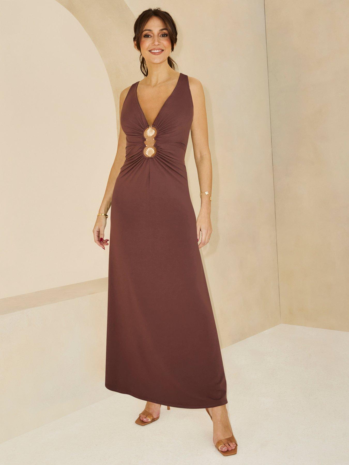 Image 1 of 5 of Michelle Keegan Double Shell Trim&nbsp;Jersey Midaxi Dress - Brown