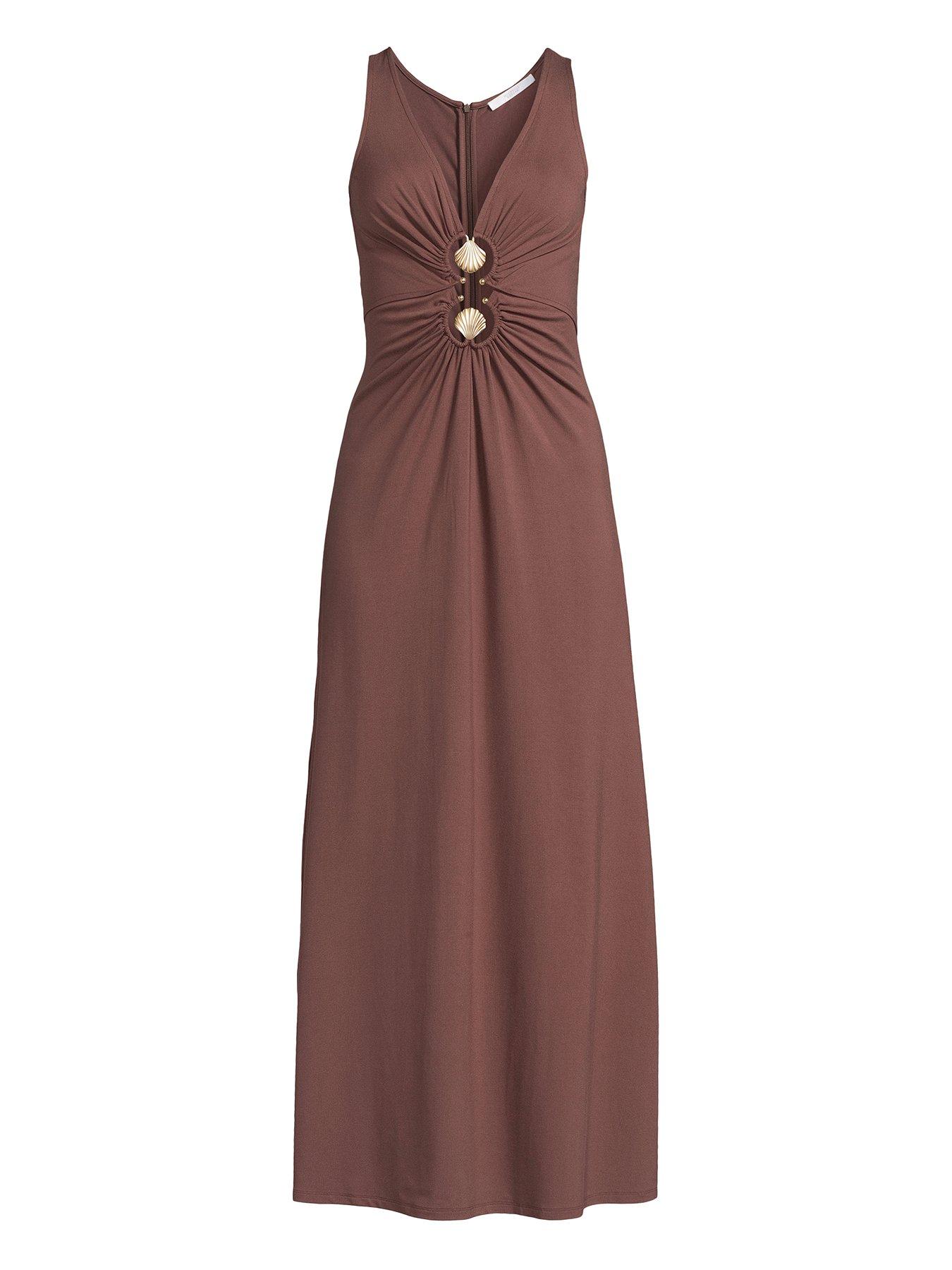Image 5 of 5 of Michelle Keegan Double Shell Trim&nbsp;Jersey Midaxi Dress - Brown