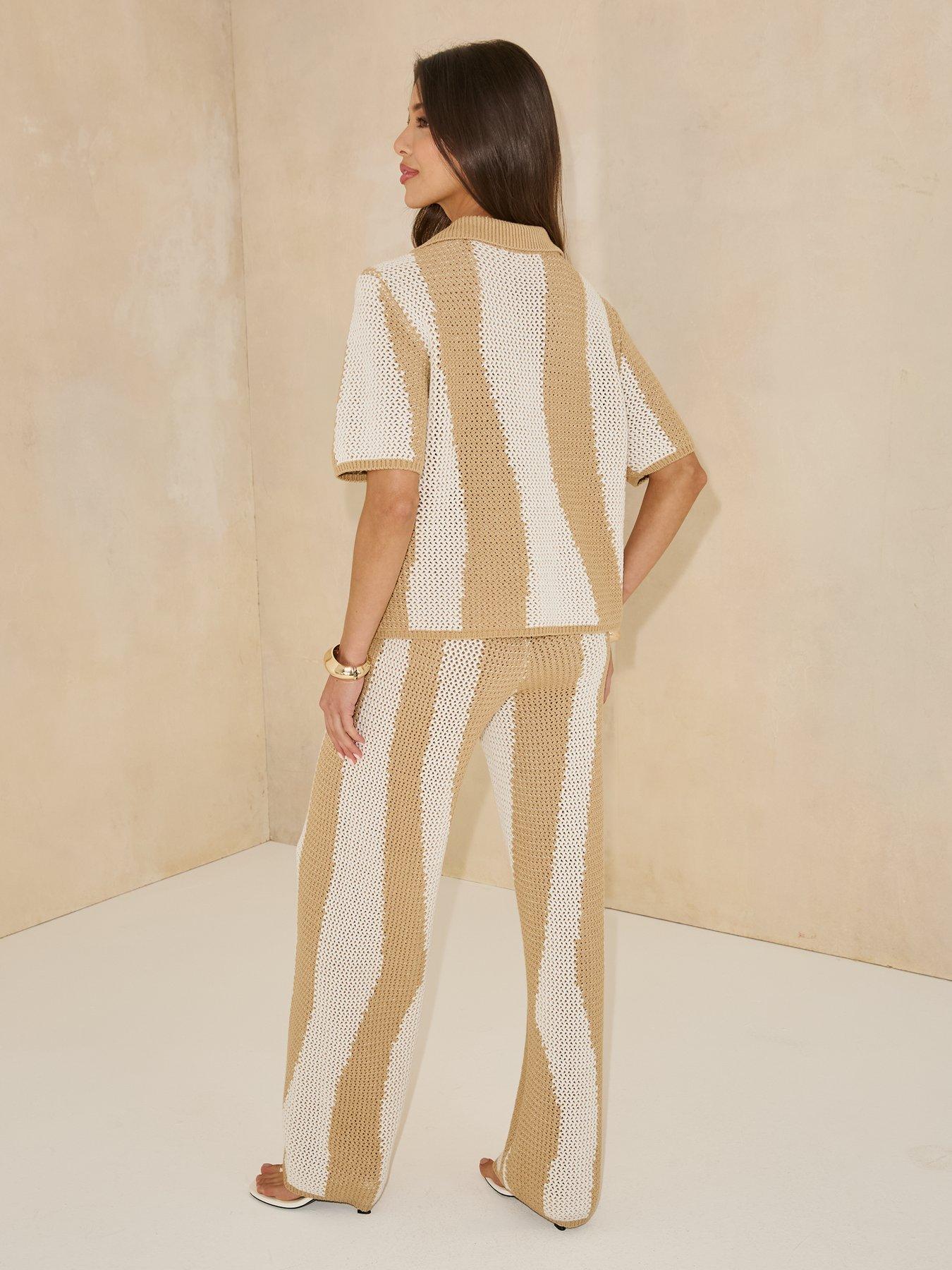 Image 2 of 5 of Michelle Keegan Knitted Striped Shirt Co Ord -&nbsp; Beige