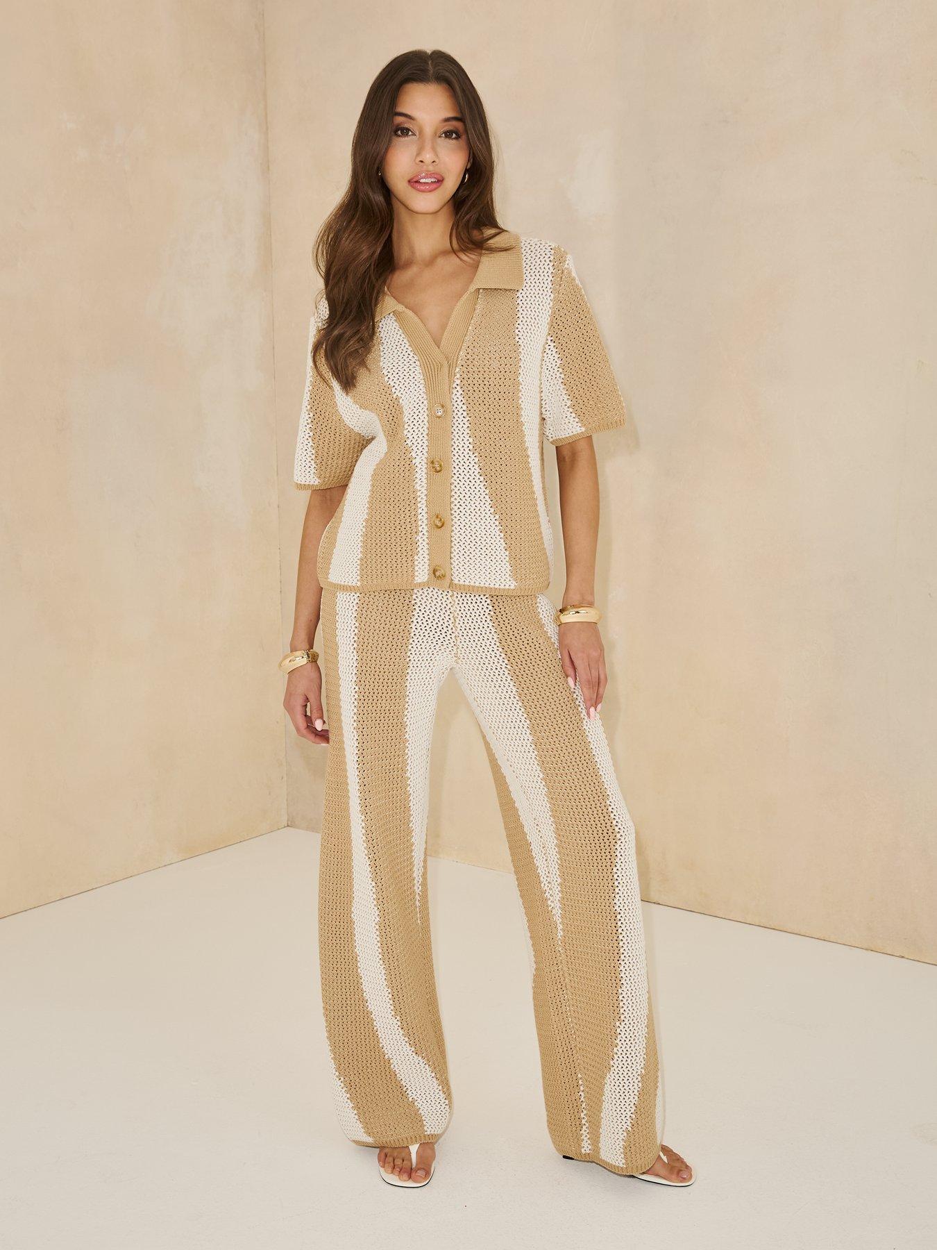 Image 3 of 5 of Michelle Keegan Knitted Striped Shirt Co Ord -&nbsp; Beige