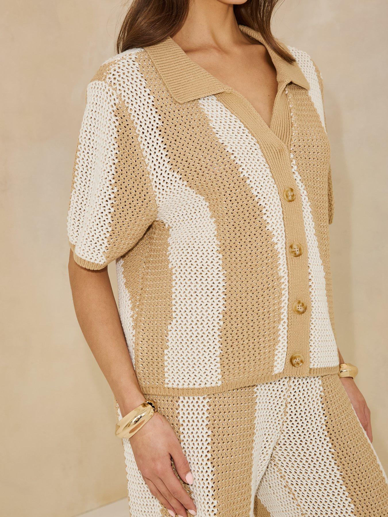 Image 4 of 5 of Michelle Keegan Knitted Striped Shirt Co Ord -&nbsp; Beige