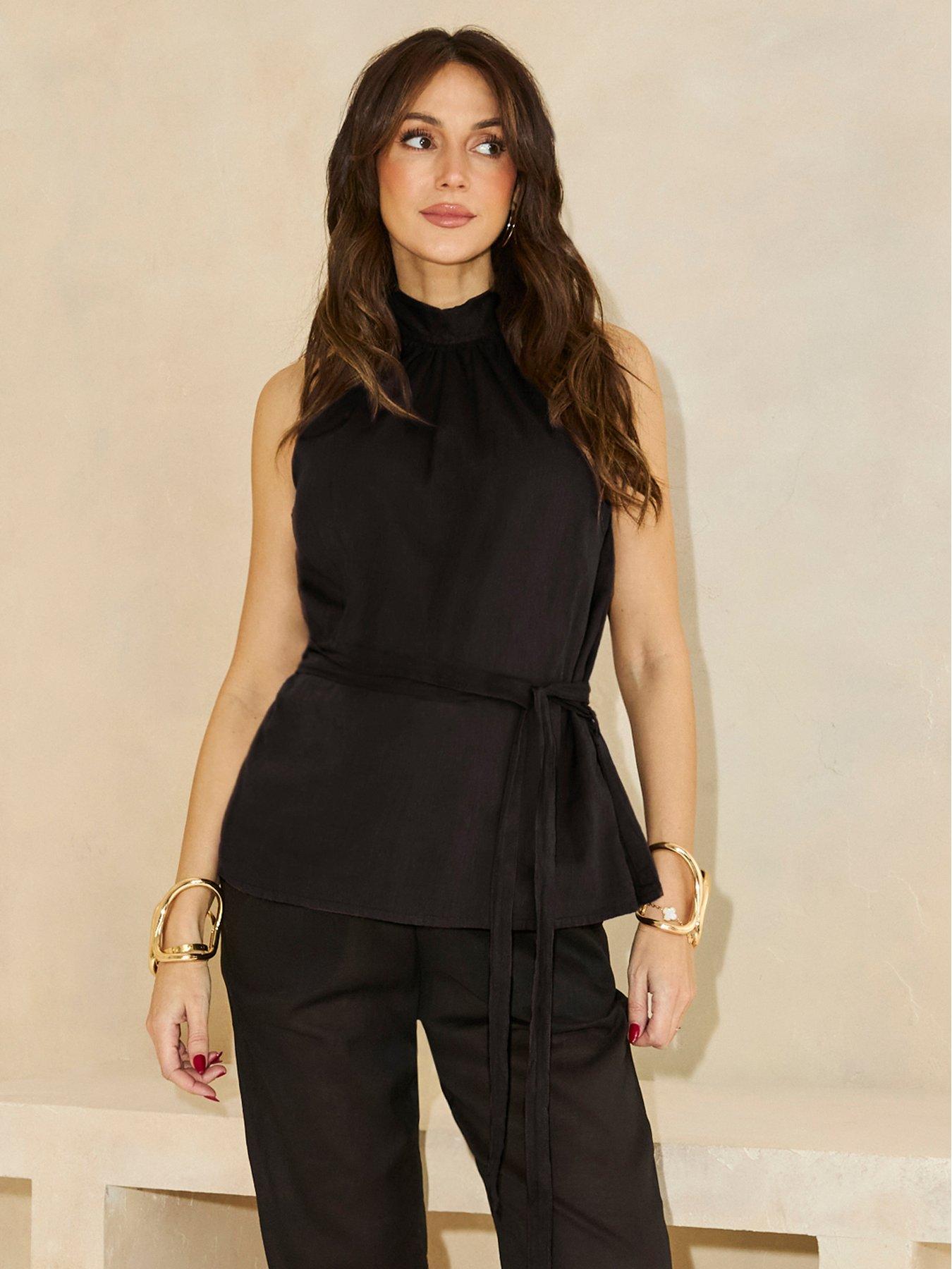 Image of Michelle Keegan Halter Neck Rami Top Co-Ord - Black