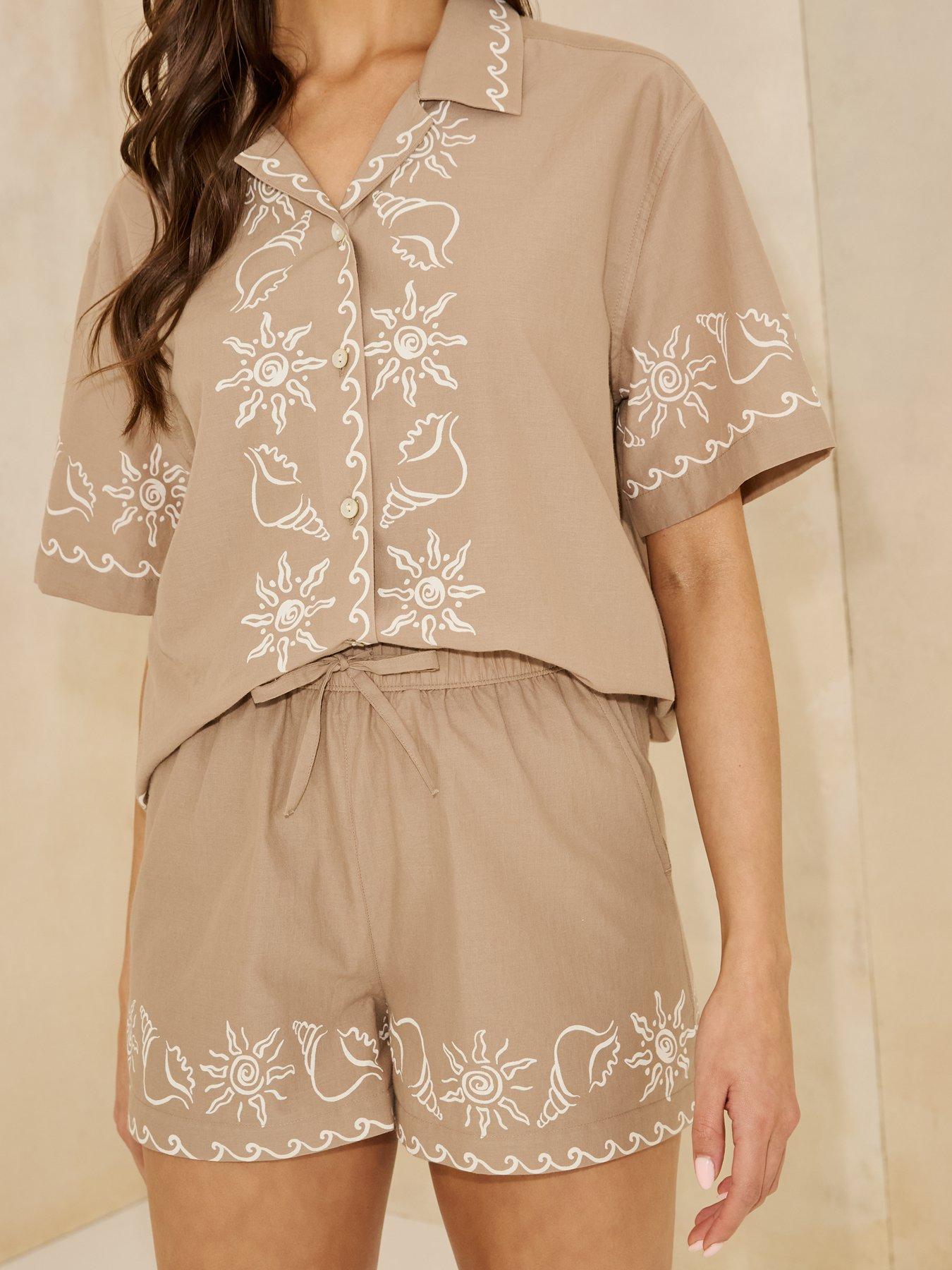Image 4 of 5 of Michelle Keegan Shell Printed Short Co-Ord - Beige