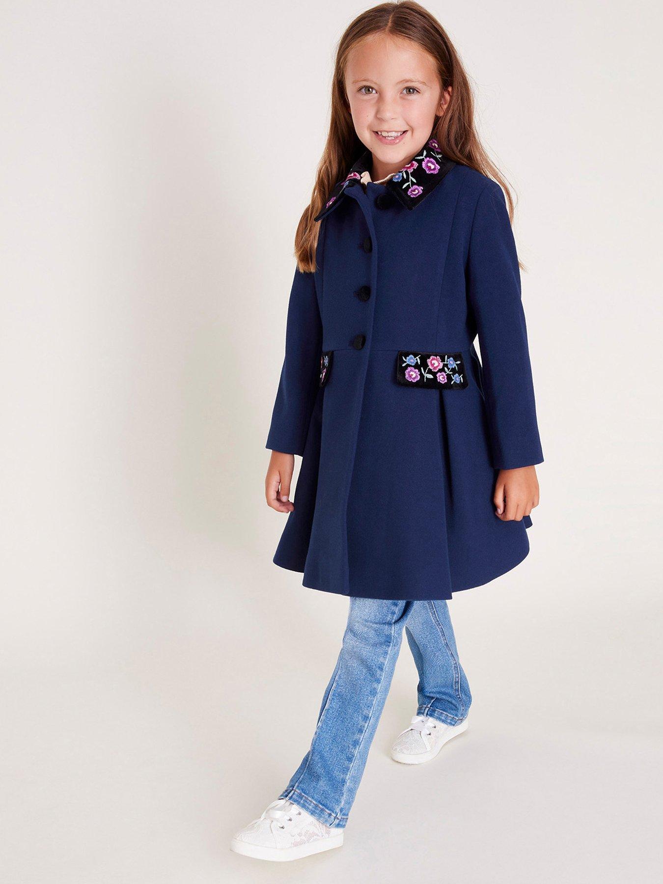 Image 1 of 4 of Monsoon Floral Embroidered Dress Coat - Navy