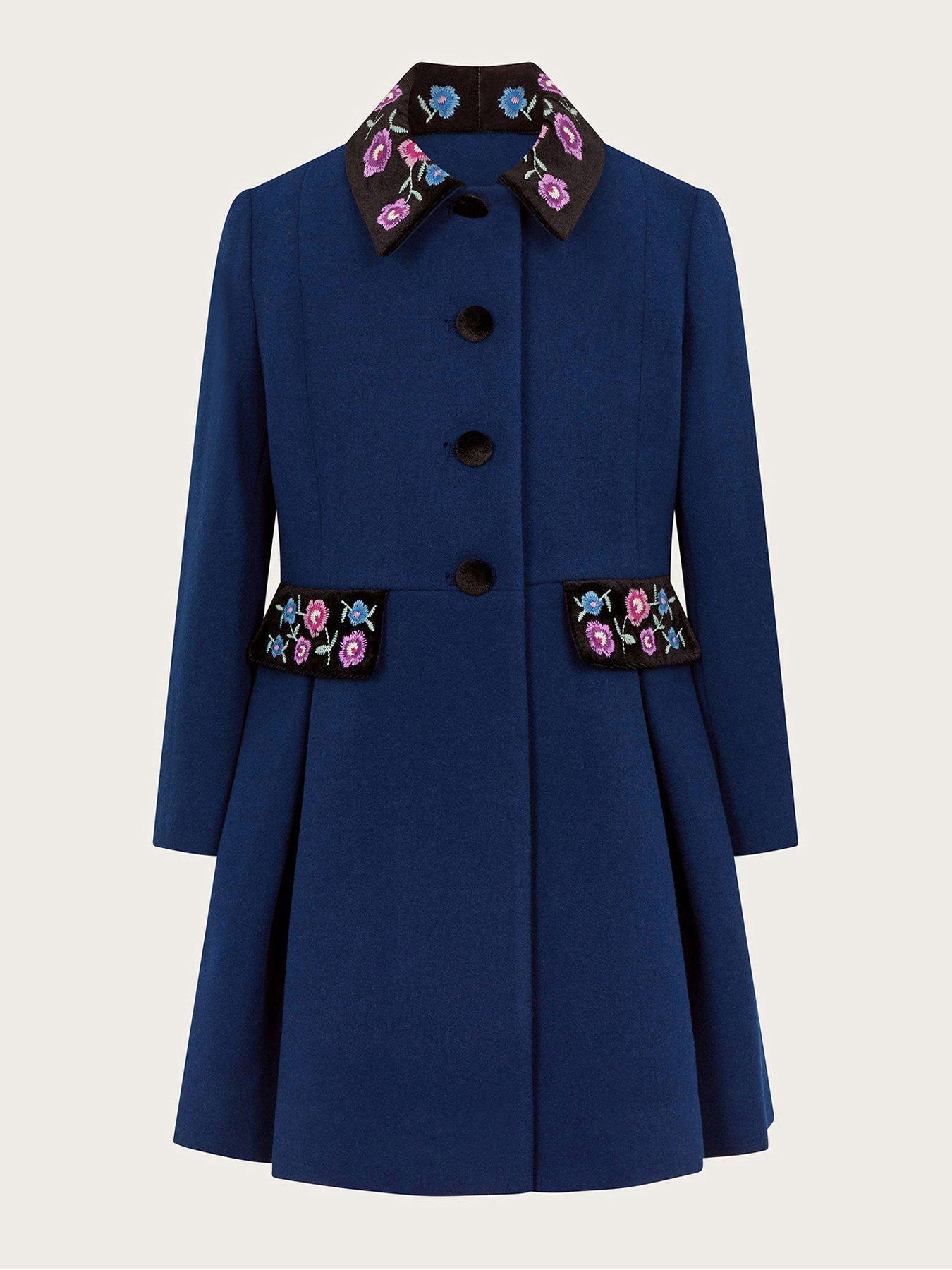 Image 2 of 4 of Monsoon Floral Embroidered Dress Coat - Navy