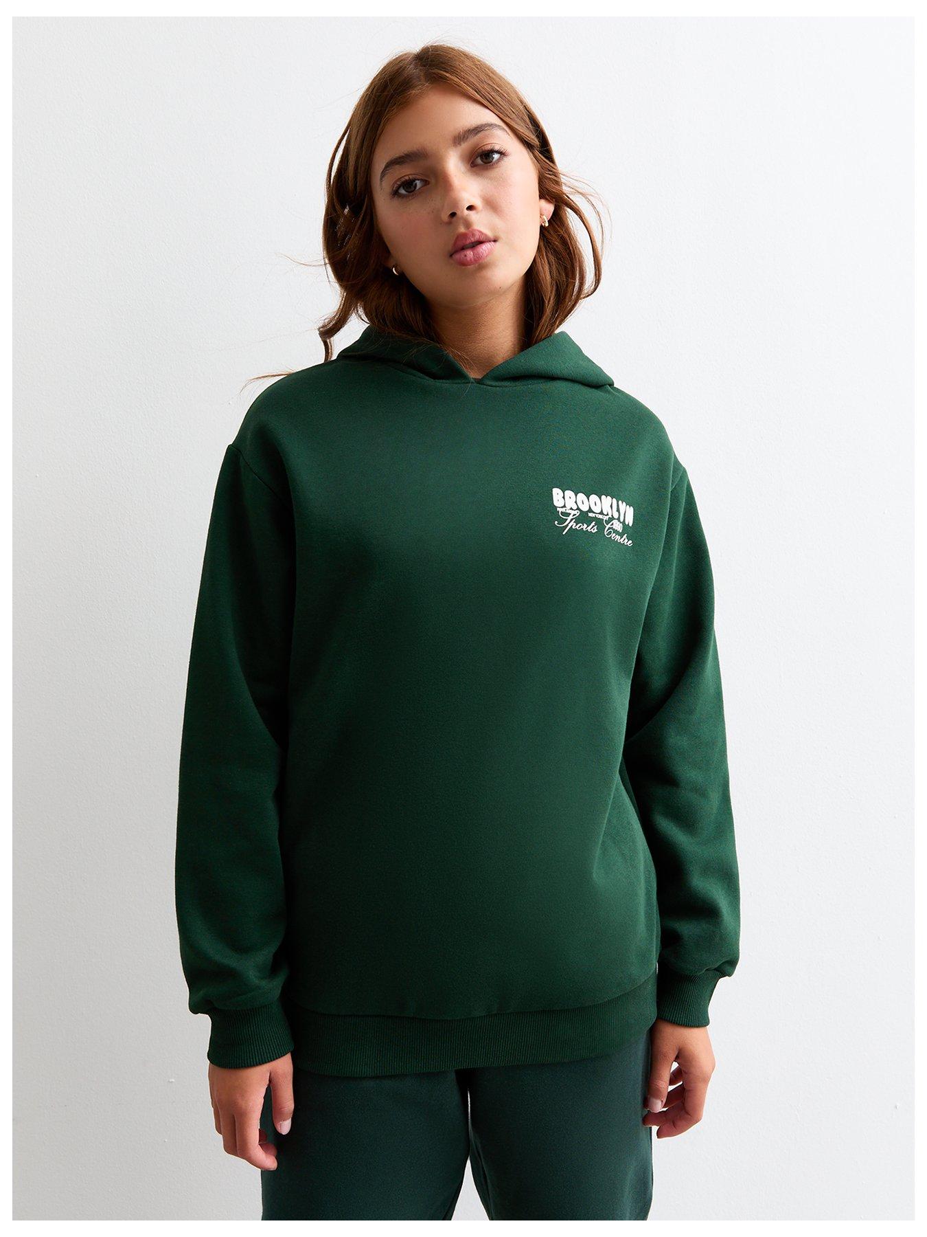 Girls Brooklyn Slogan Jersey Hoodie Green