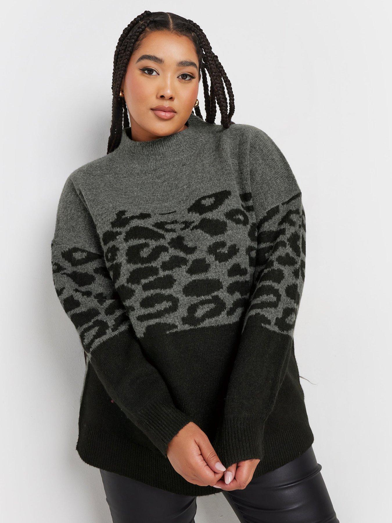 yours-curve-animal-colourblock-high-neck-jumper-grey