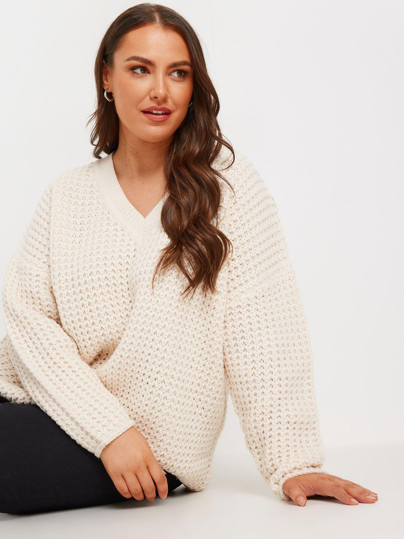 Image of Yours Curve Waffle V Neck Jumper - Ivory