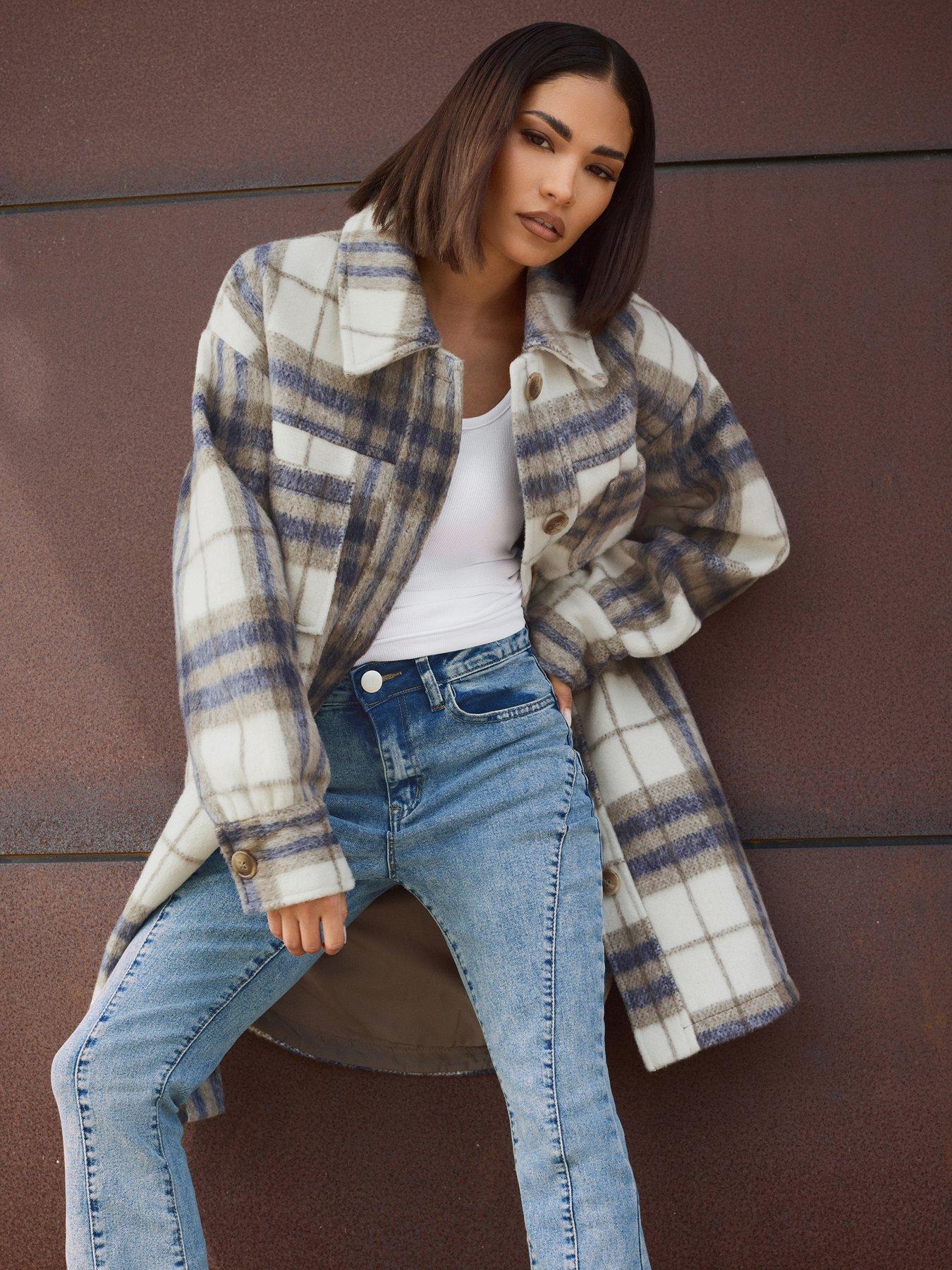 undefined Petite Check Longline Shacket - Blue