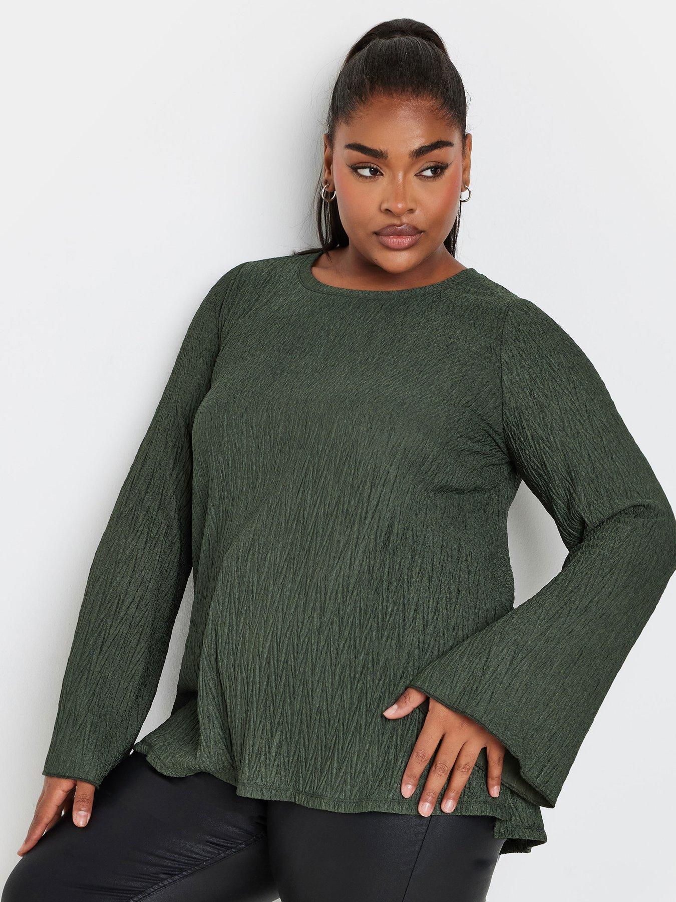 yours-curve-plisse-flute-sleeve-top-green