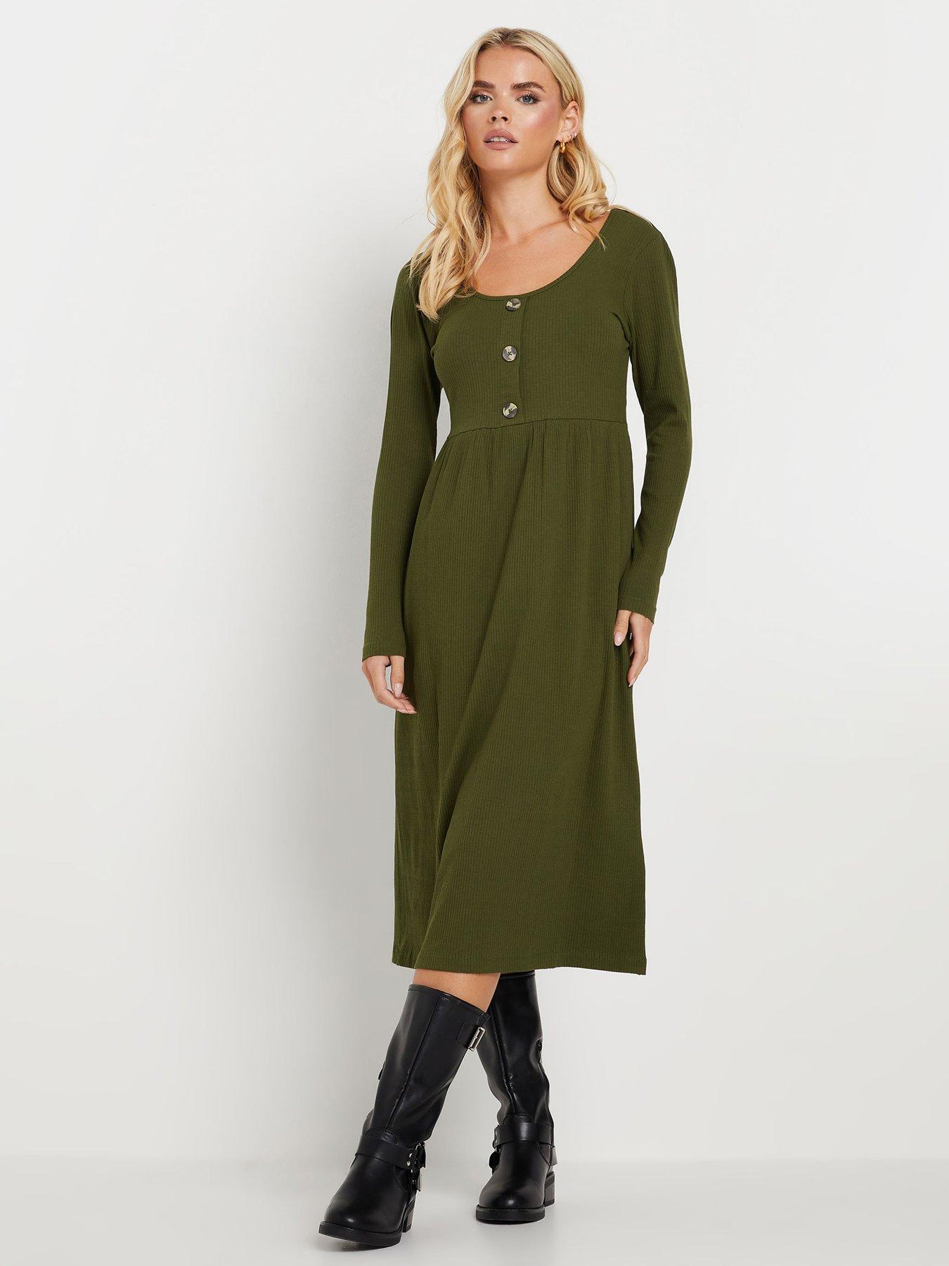 Image 1 of 4 of PixieGirl Petite Long Sleeve Rib Button Midi Dress - Green