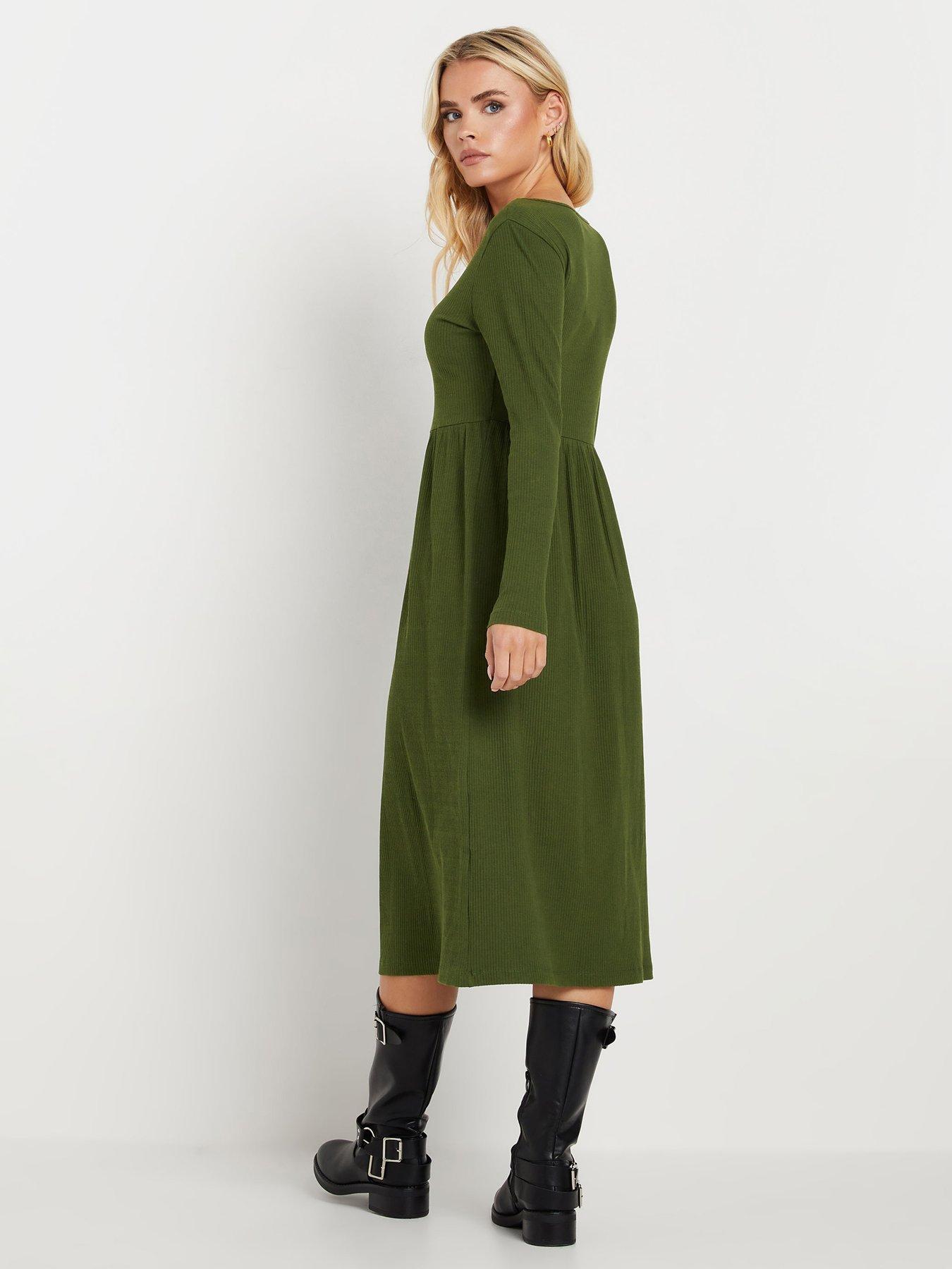 Image 2 of 4 of PixieGirl Petite Long Sleeve Rib Button Midi Dress - Green