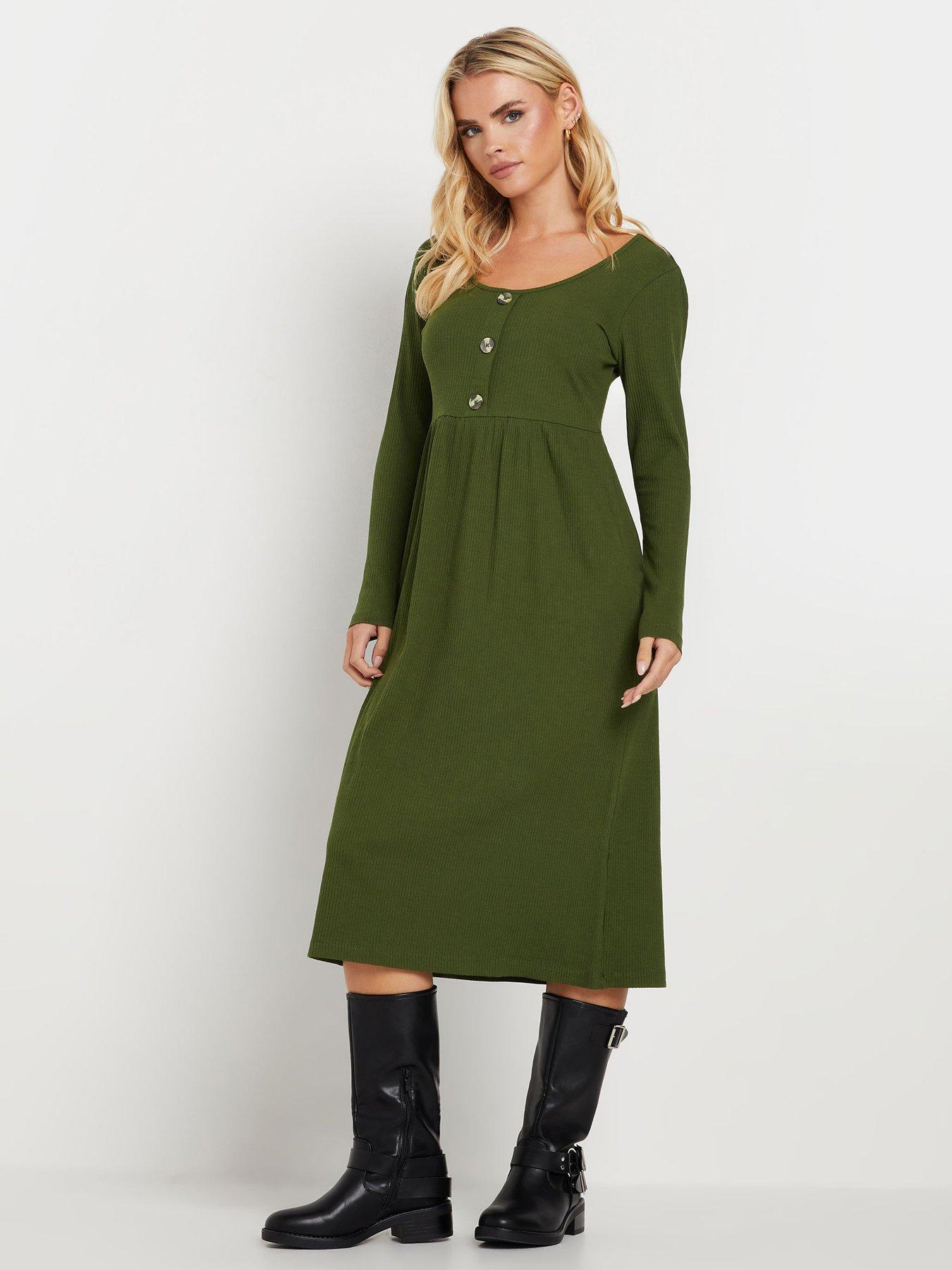 Image 3 of 4 of PixieGirl Petite Long Sleeve Rib Button Midi Dress - Green