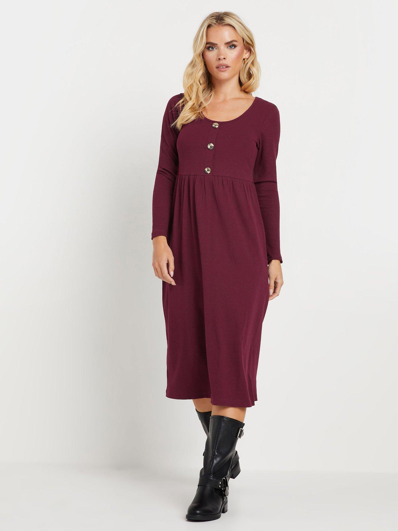 PixieGirl Petite Long Sleeve Rib Button Midi Dress - Purple