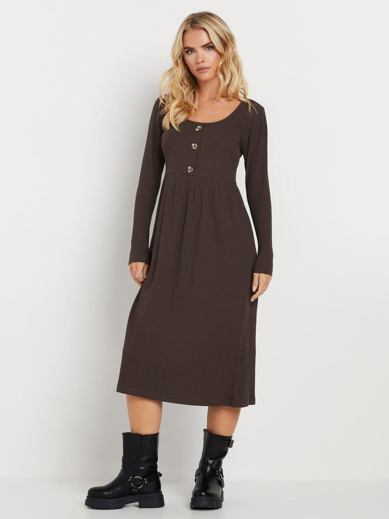 pixiegirl-petite-long-sleeve-rib-button-midi-dress-brown