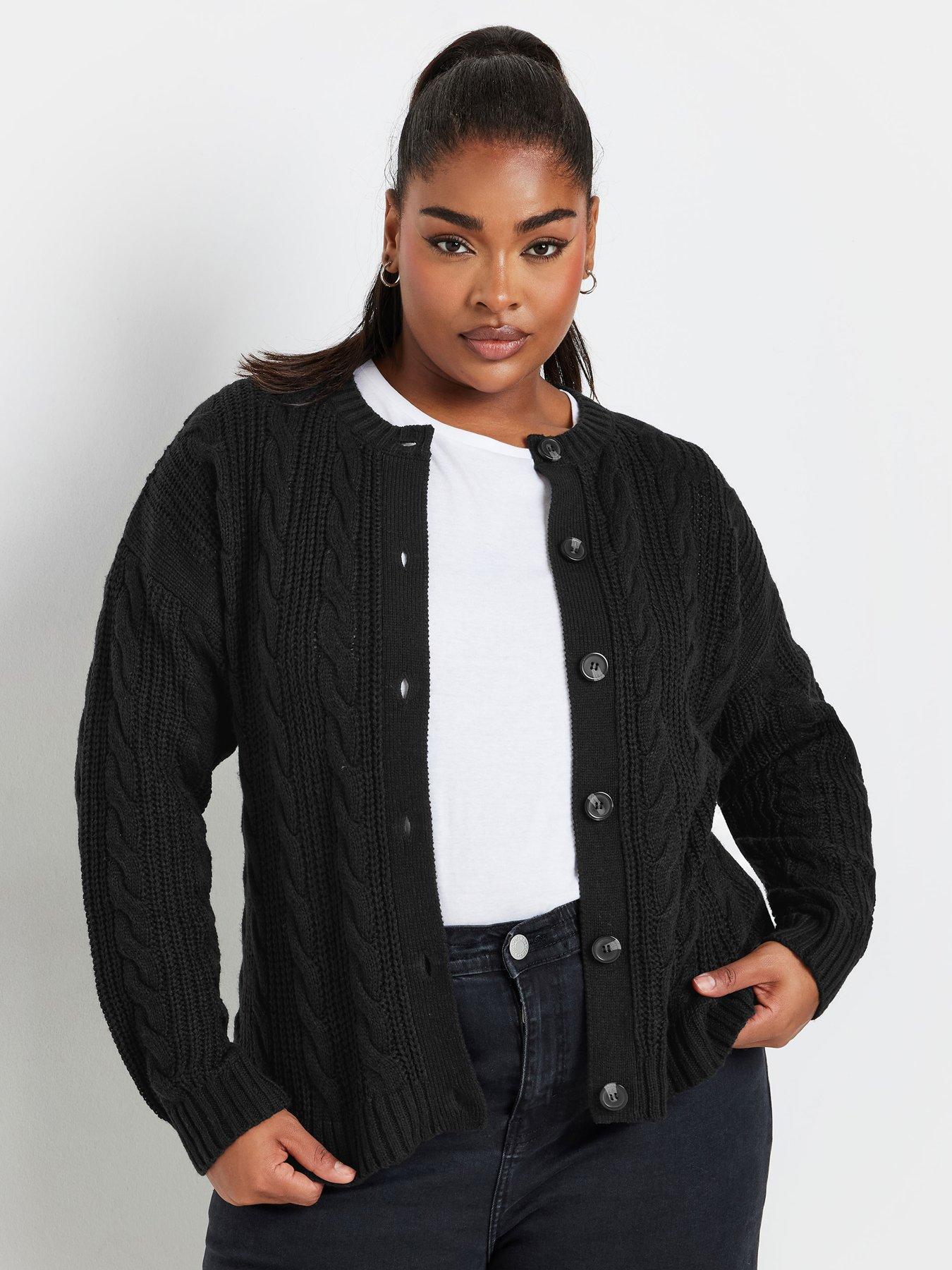 Yours Curve Cropped Cable Knit Cardigan - Black