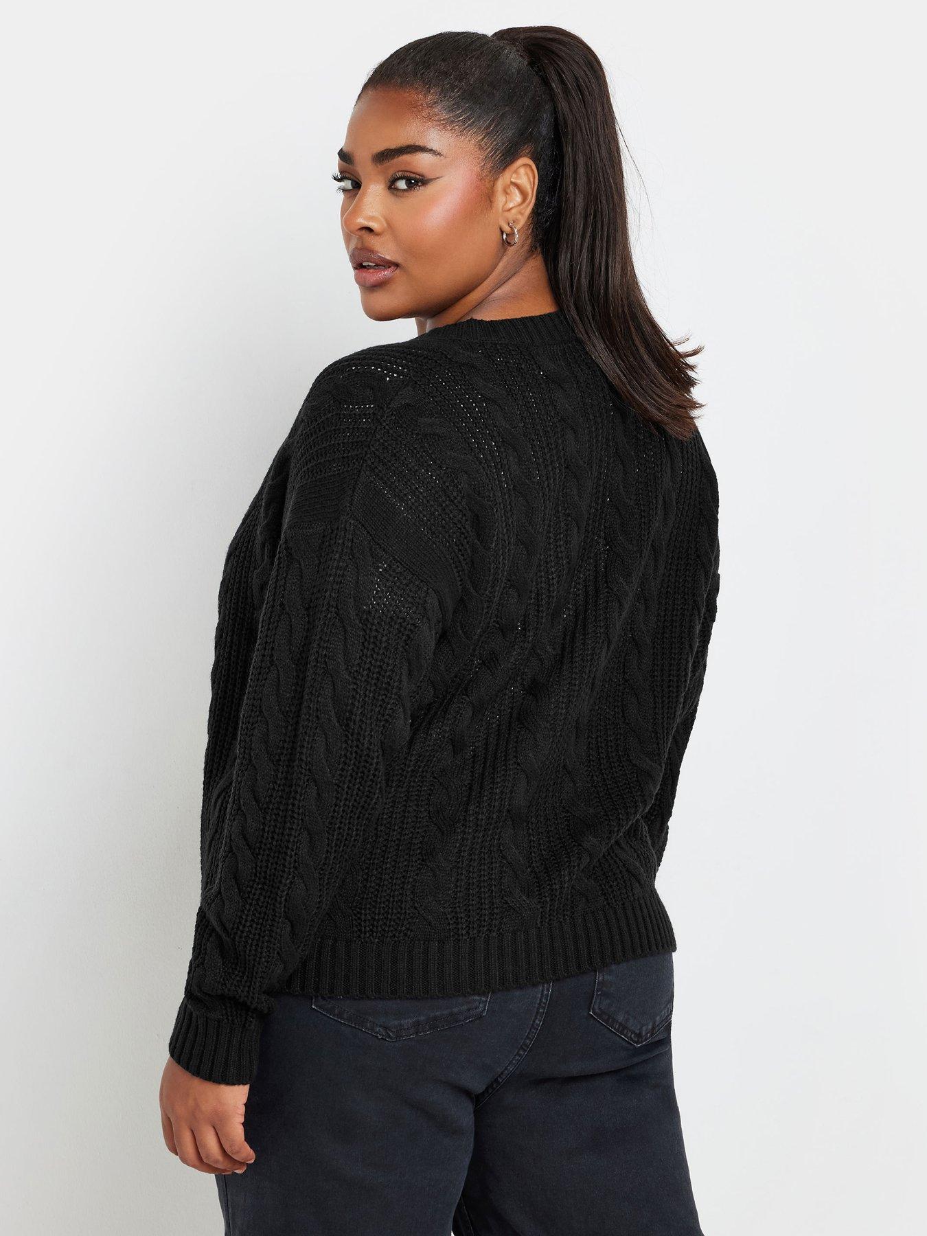 yours-curve-cropped-cable-knit-cardigan-blackstillFront