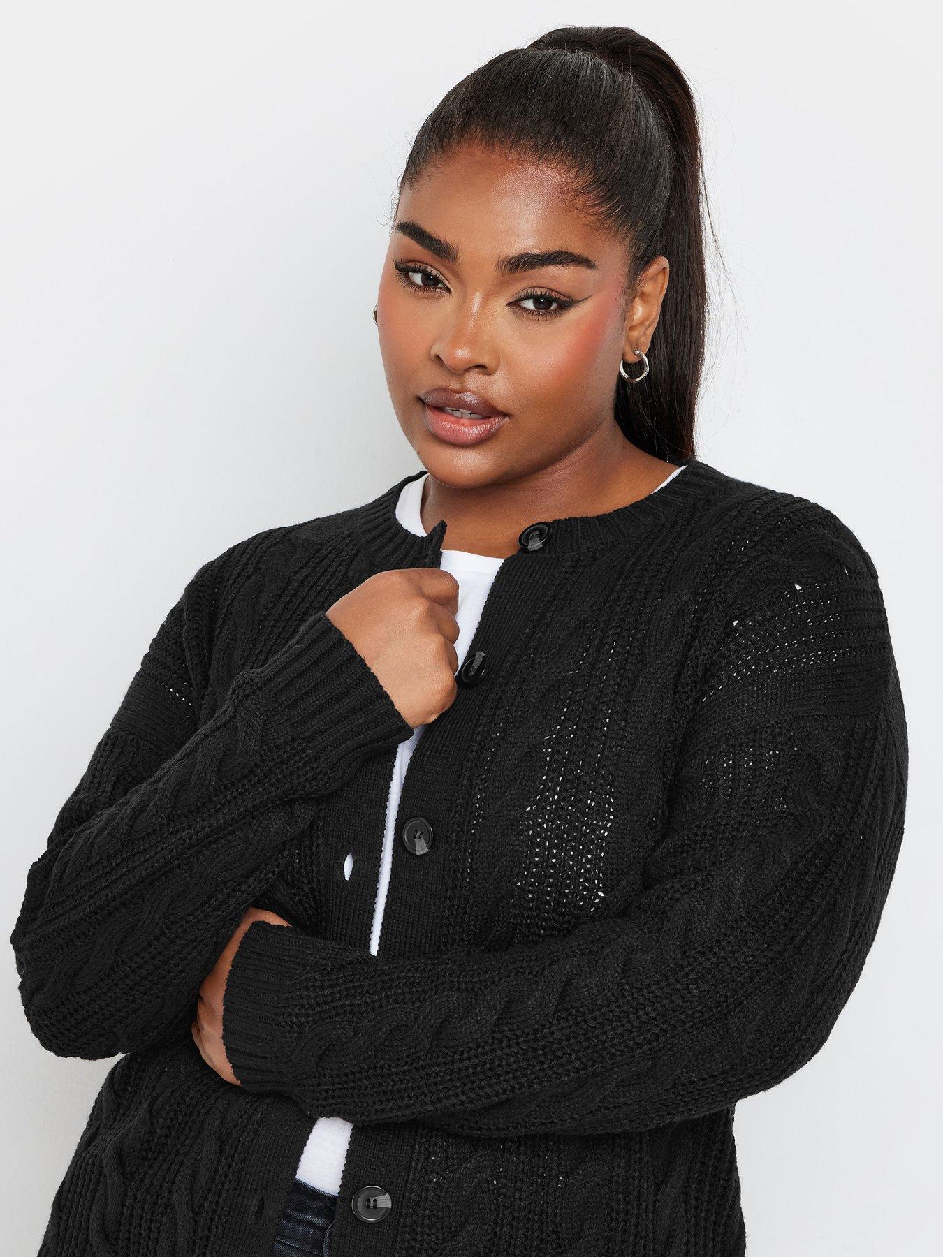 yours-curve-cropped-cable-knit-cardigan-blackoutfit