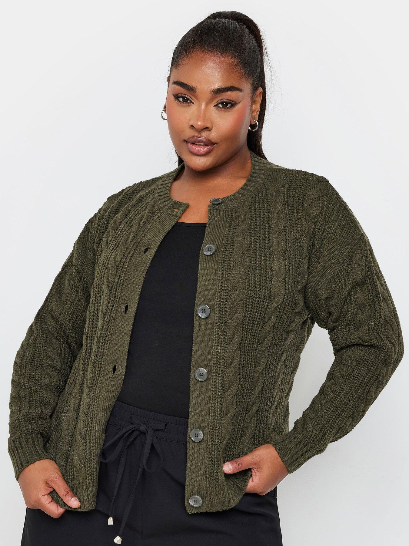 yours-curve-cropped-cable-knit-cardigan-greenfront