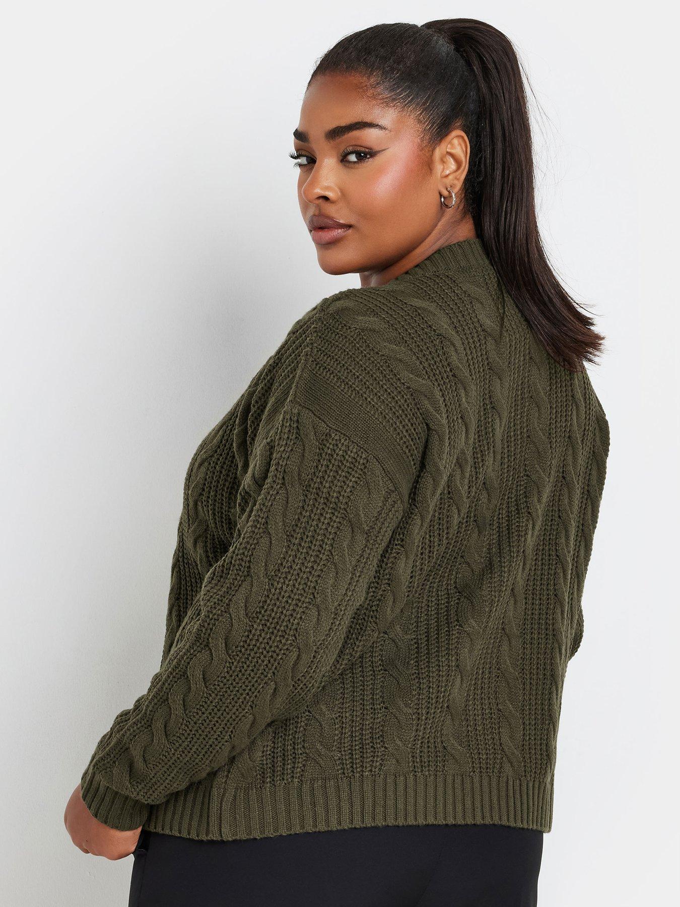 yours-curve-cropped-cable-knit-cardigan-greenstillFront