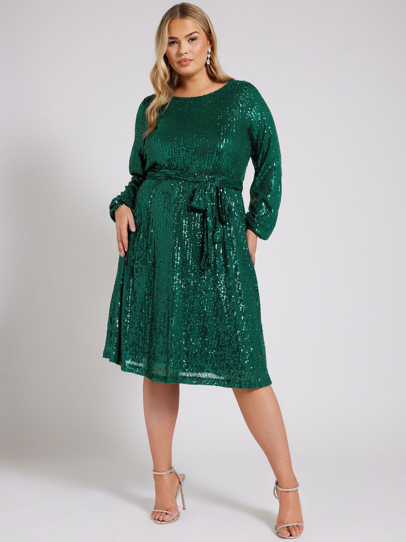 yours-curve-long-sleeve-sequin-skater-dress-greenfront