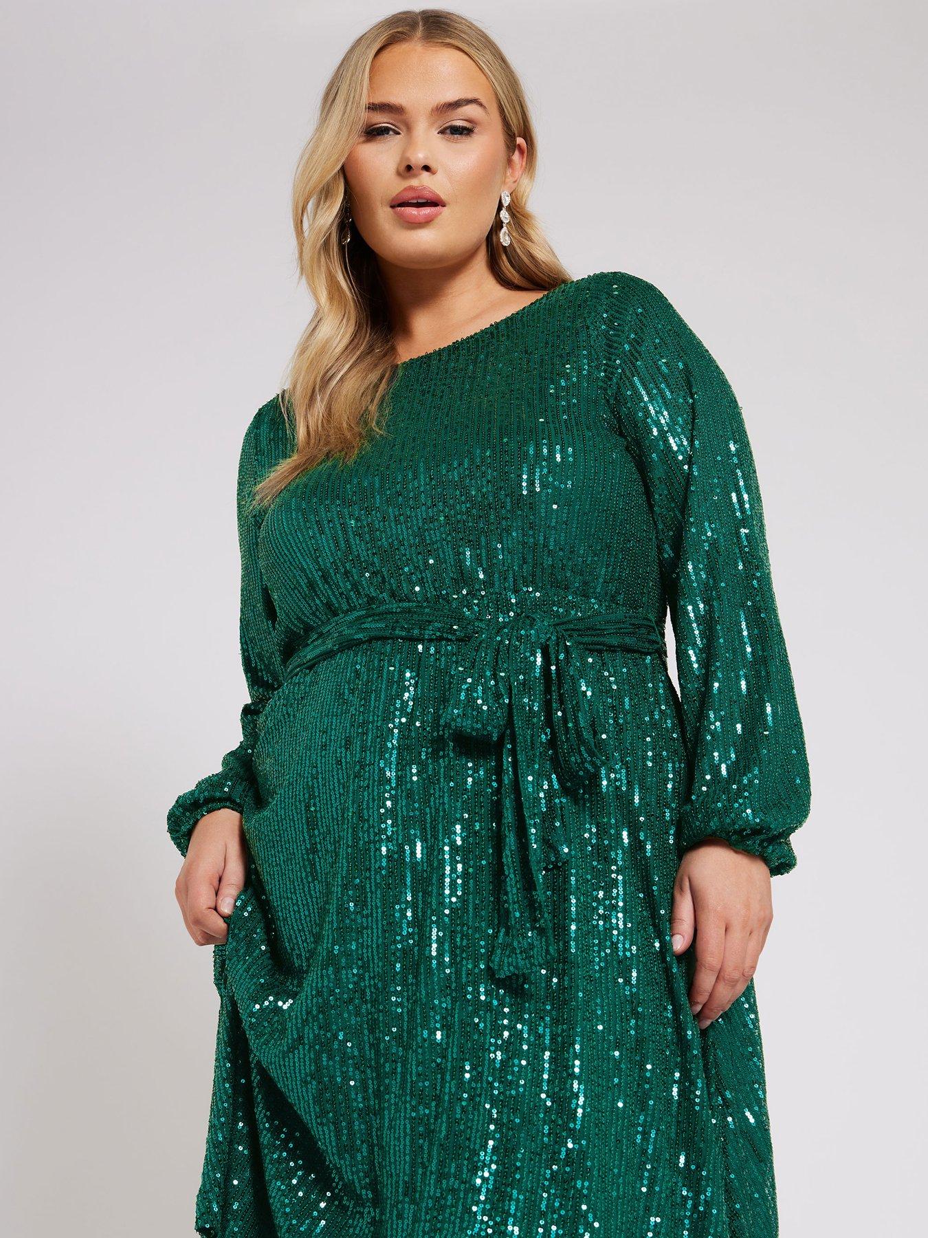 yours-curve-long-sleeve-sequin-skater-dress-greenoutfit