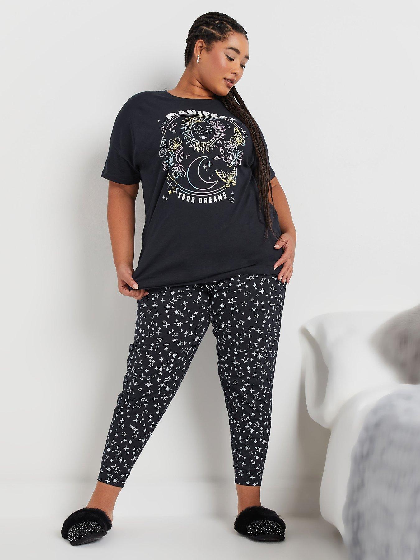 Image 1 of 4 of Yours Curve Manifest Short Sleeve Cuff Pj Set - Blue