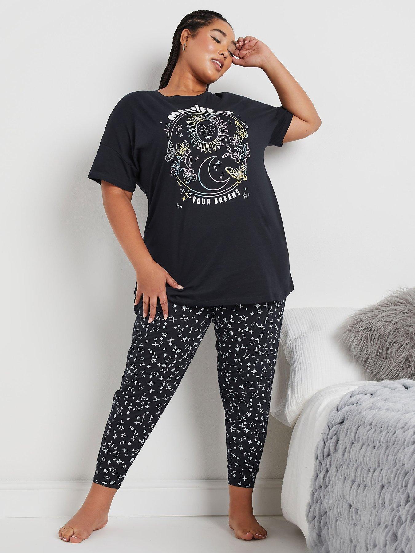 Image 3 of 4 of Yours Curve Manifest Short Sleeve Cuff Pj Set - Blue