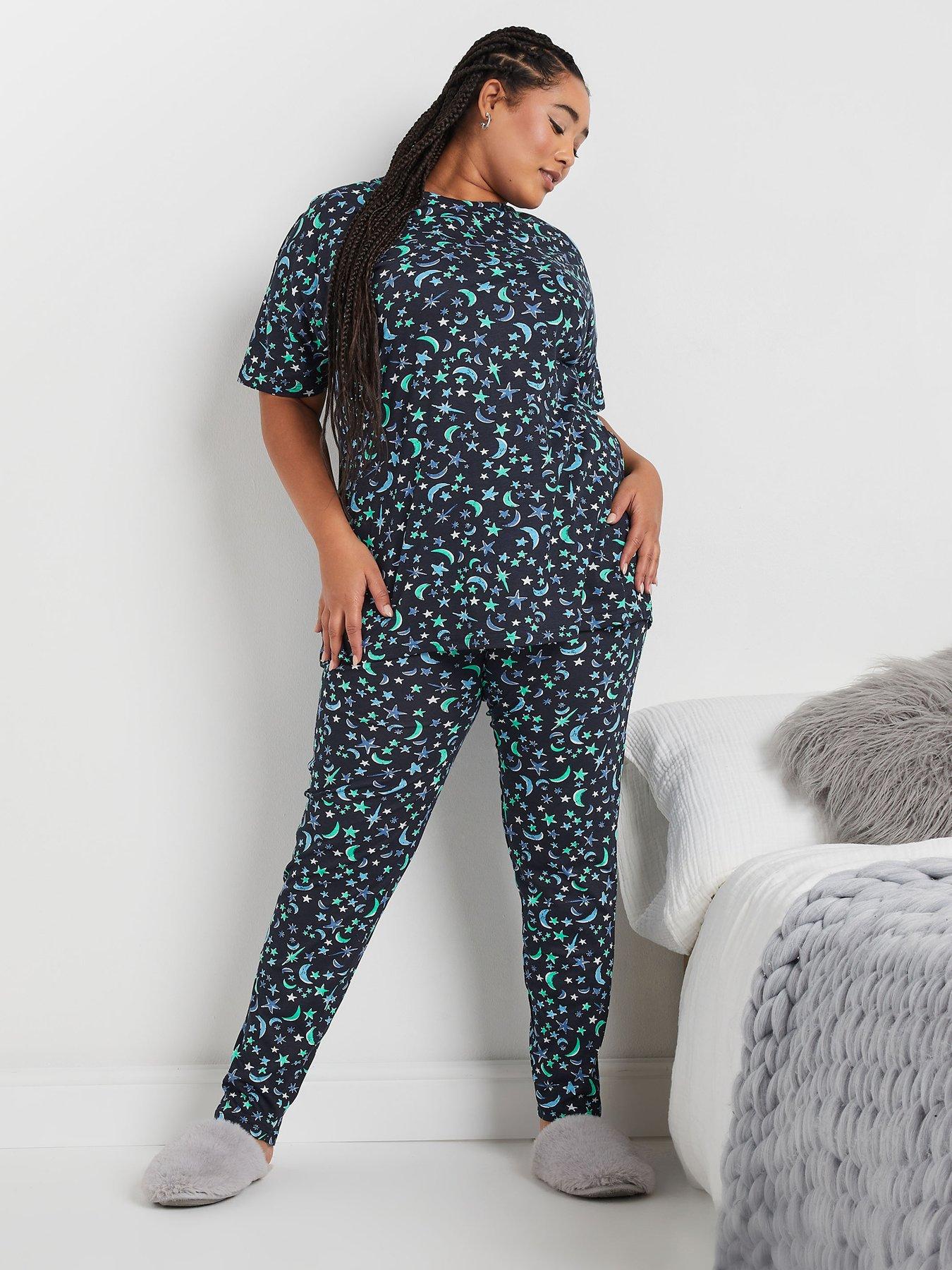 Image 1 of 4 of Yours Curve Mini Moons Short Sleeve Pj Set - Blue
