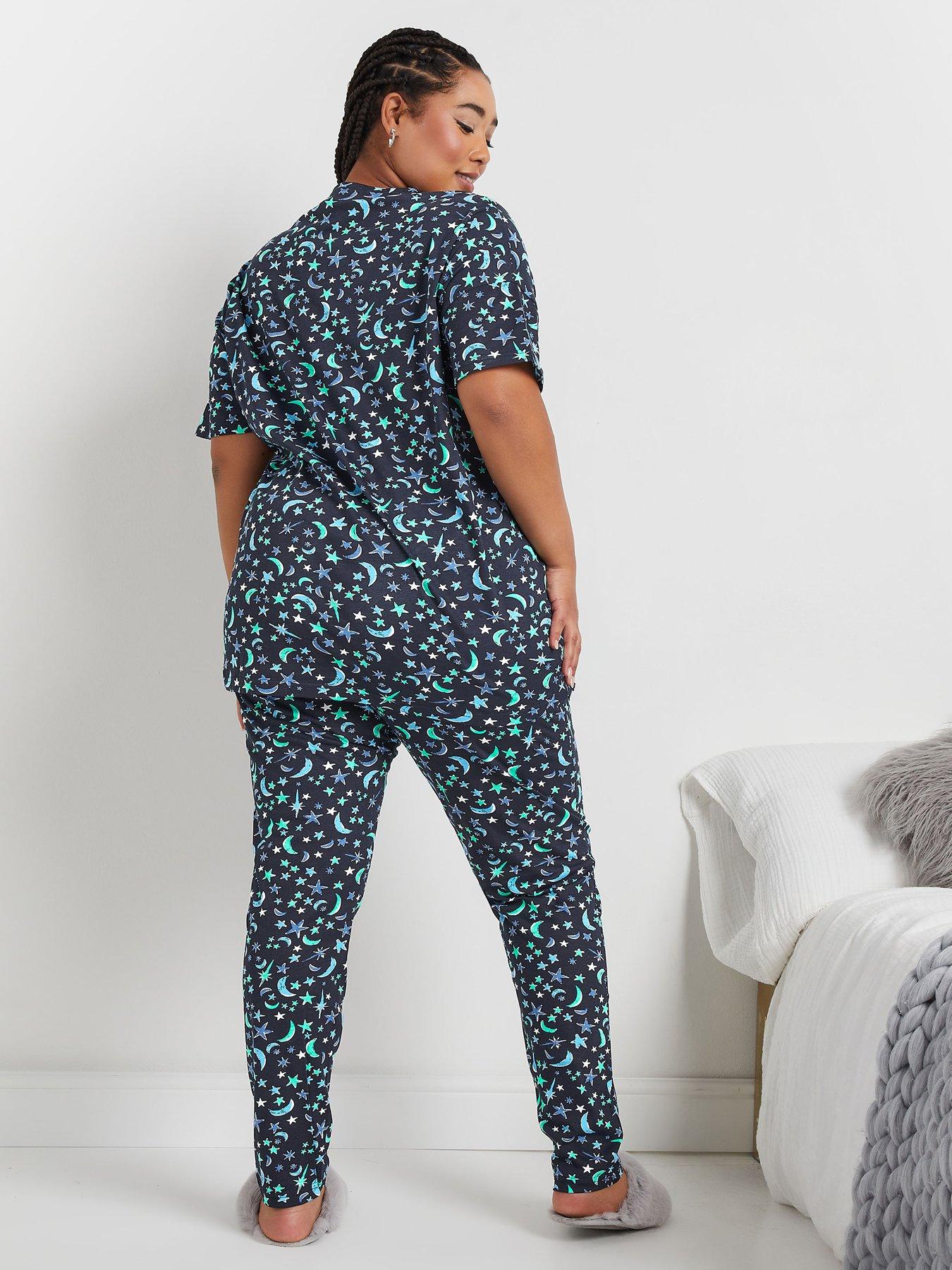 Image 2 of 4 of Yours Curve Mini Moons Short Sleeve Pj Set - Blue