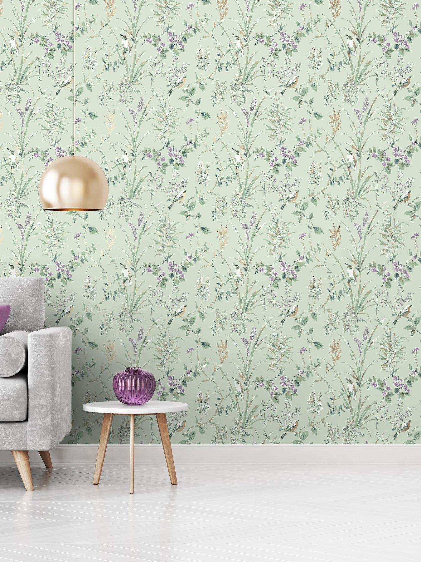 Fine Decor Crown Mariko Floral Mint / Plum Wallpaper