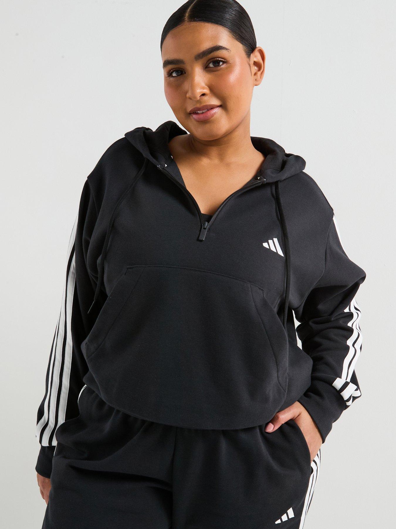 adidas Sportswear Womens Plus Size Essentials 3-Stripes 1/4 Zip Hoodie - Black