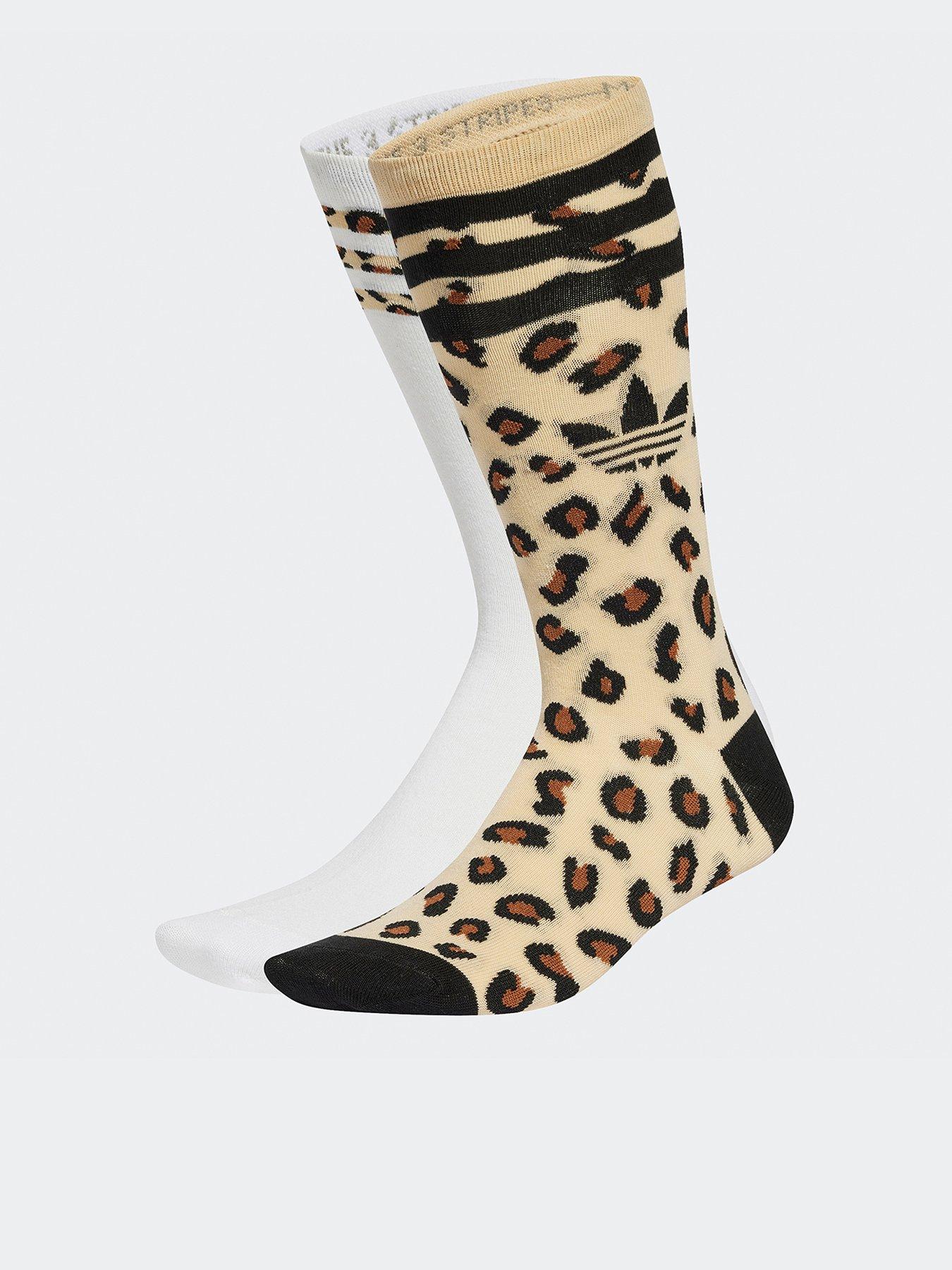 Image of adidas Originals Womens Leopard Crew Socks 2 Pairs - Beige