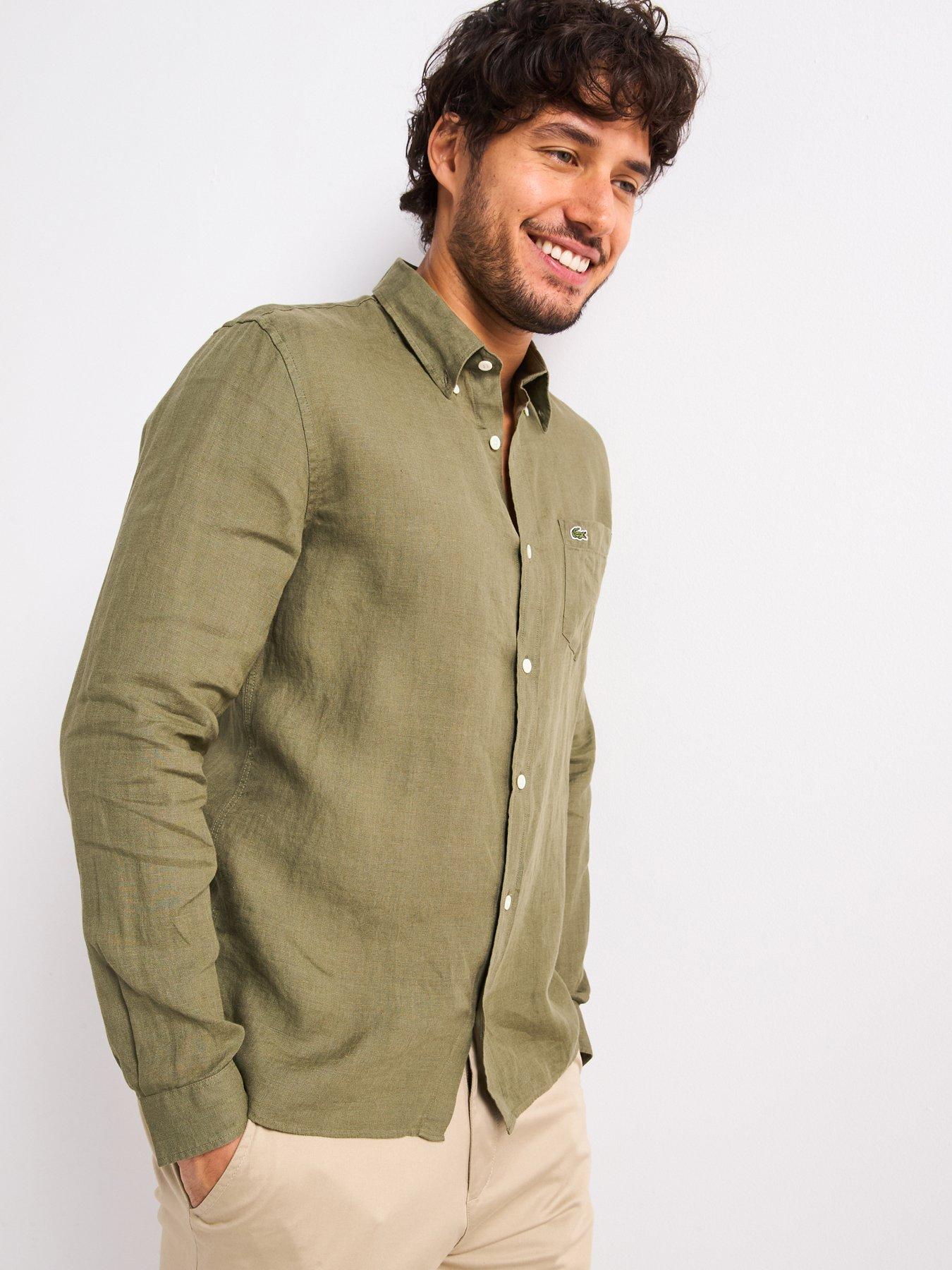 Image 1 of 4 of Lacoste Regular Fit Long Sleeve Linen Shirt - Khaki