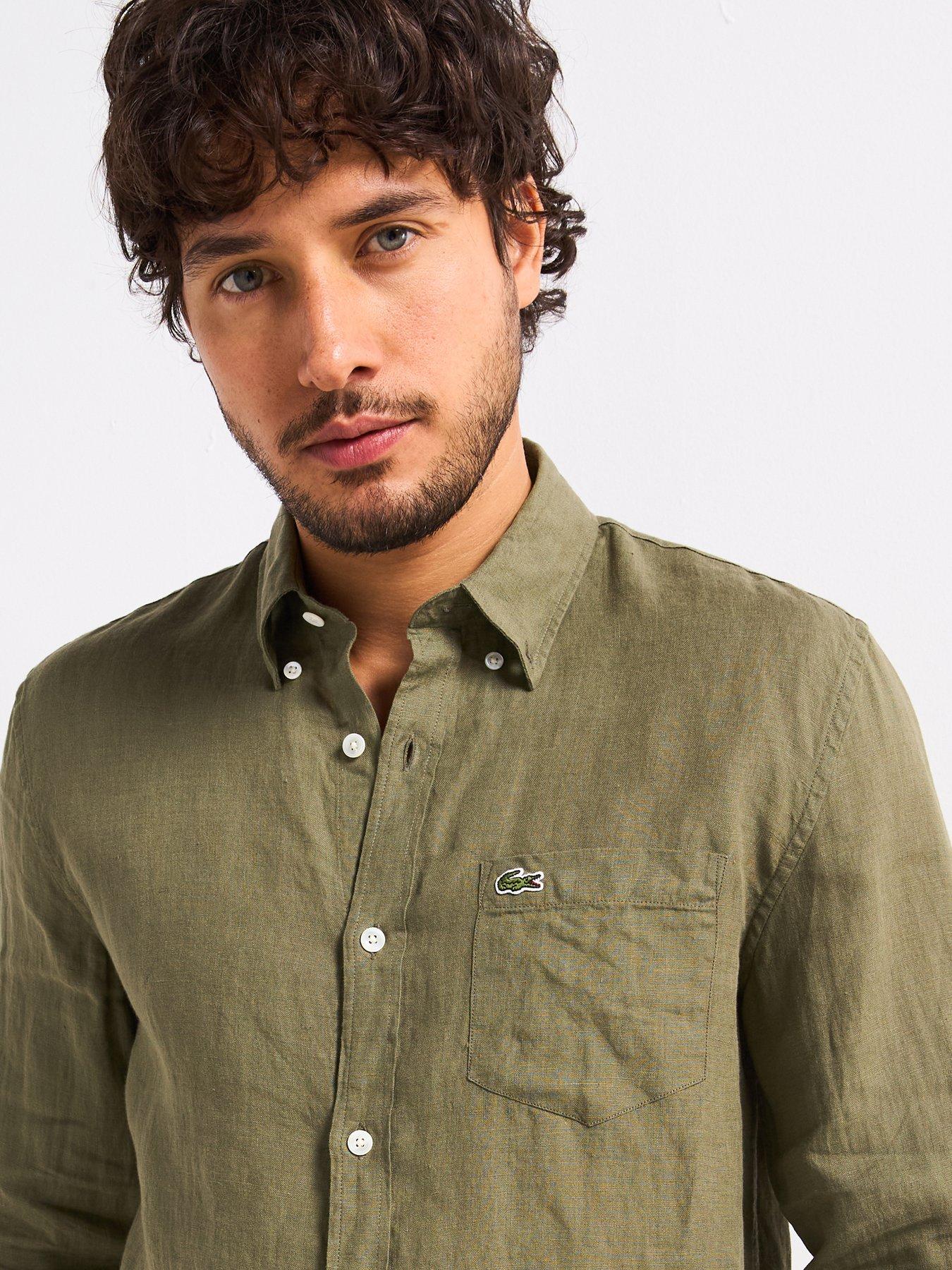 Image 4 of 4 of Lacoste Regular Fit Long Sleeve Linen Shirt - Khaki