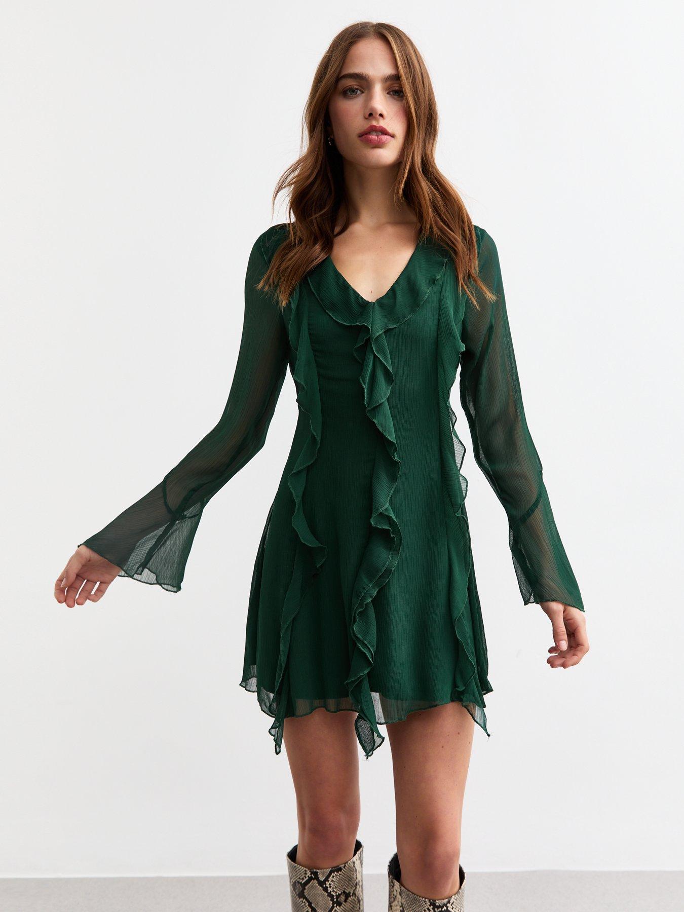 new-look-dark-green-ruffle-trim-chiffon-mini-dress