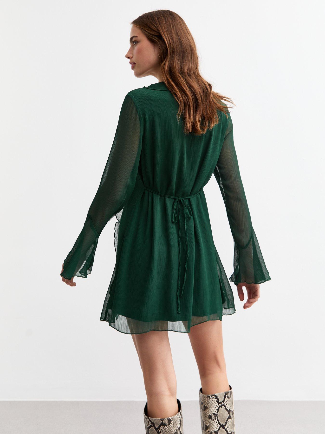 new-look-dark-green-ruffle-trim-chiffon-mini-dressstillFront