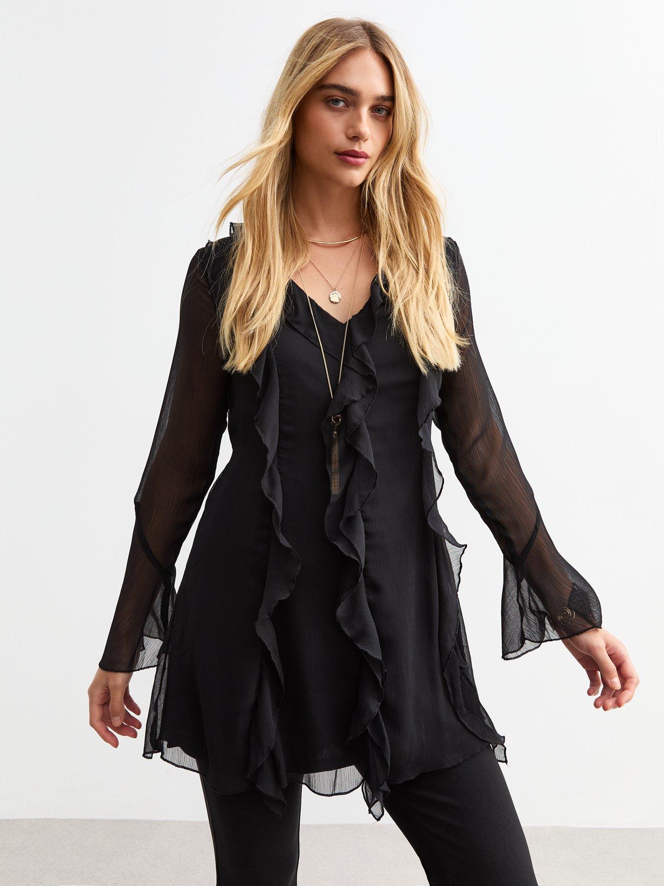 new-look-black-ruffle-trim-chiffon-mini-dress