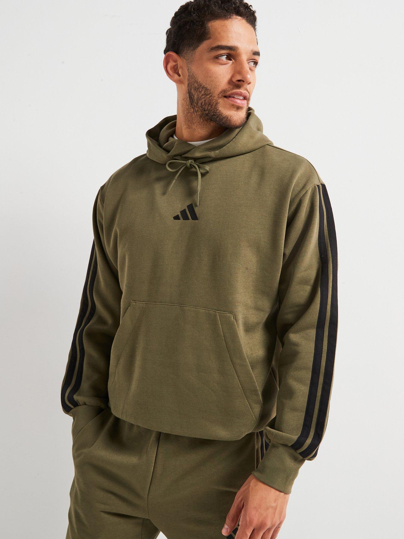 adidas-sportswear-mens-essentials-3-stripe-fleece-hoodie-greenfront