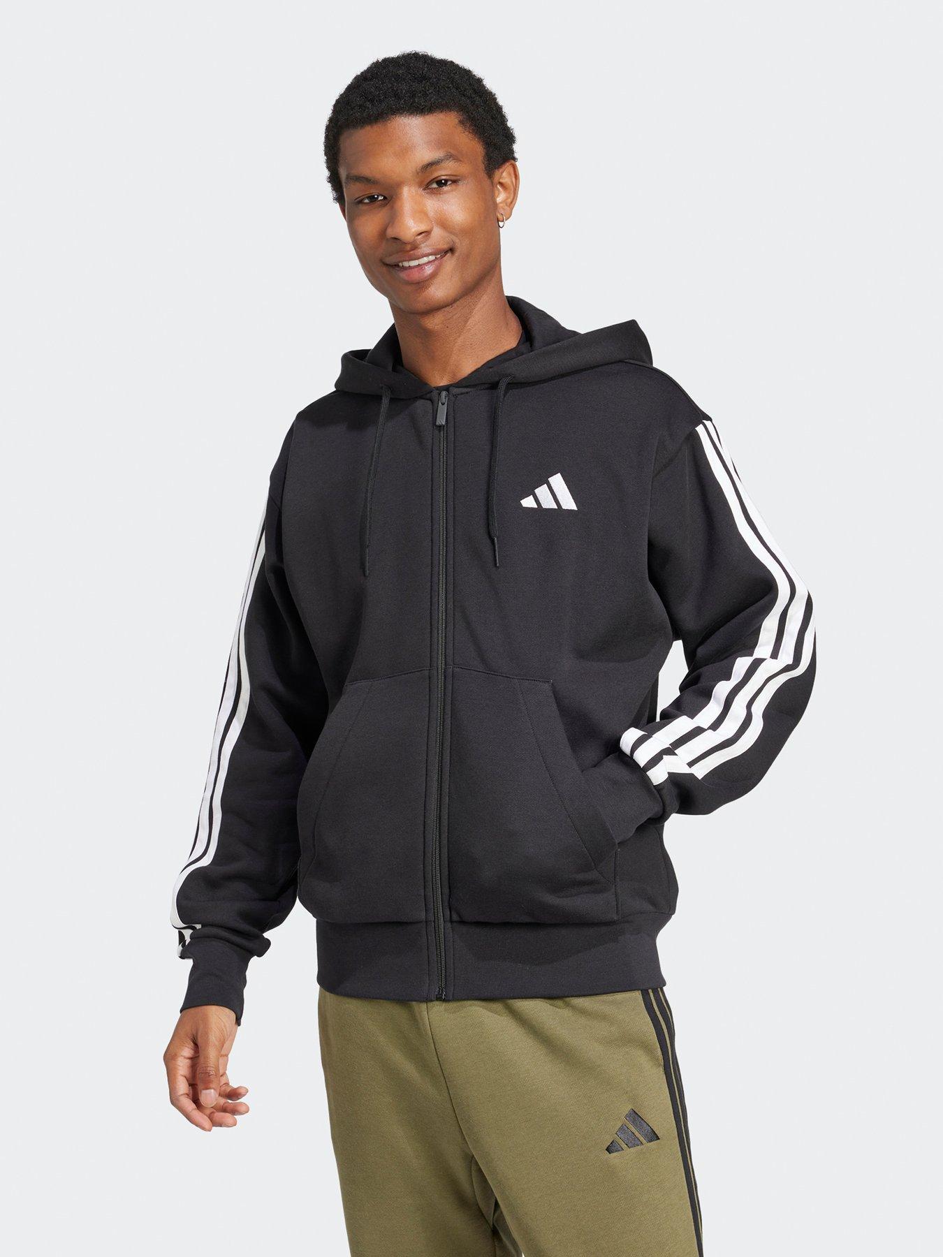 adidas Sportswear Men's Essential 3-Stripe Full Zip Fleece Hoodie - Black/White